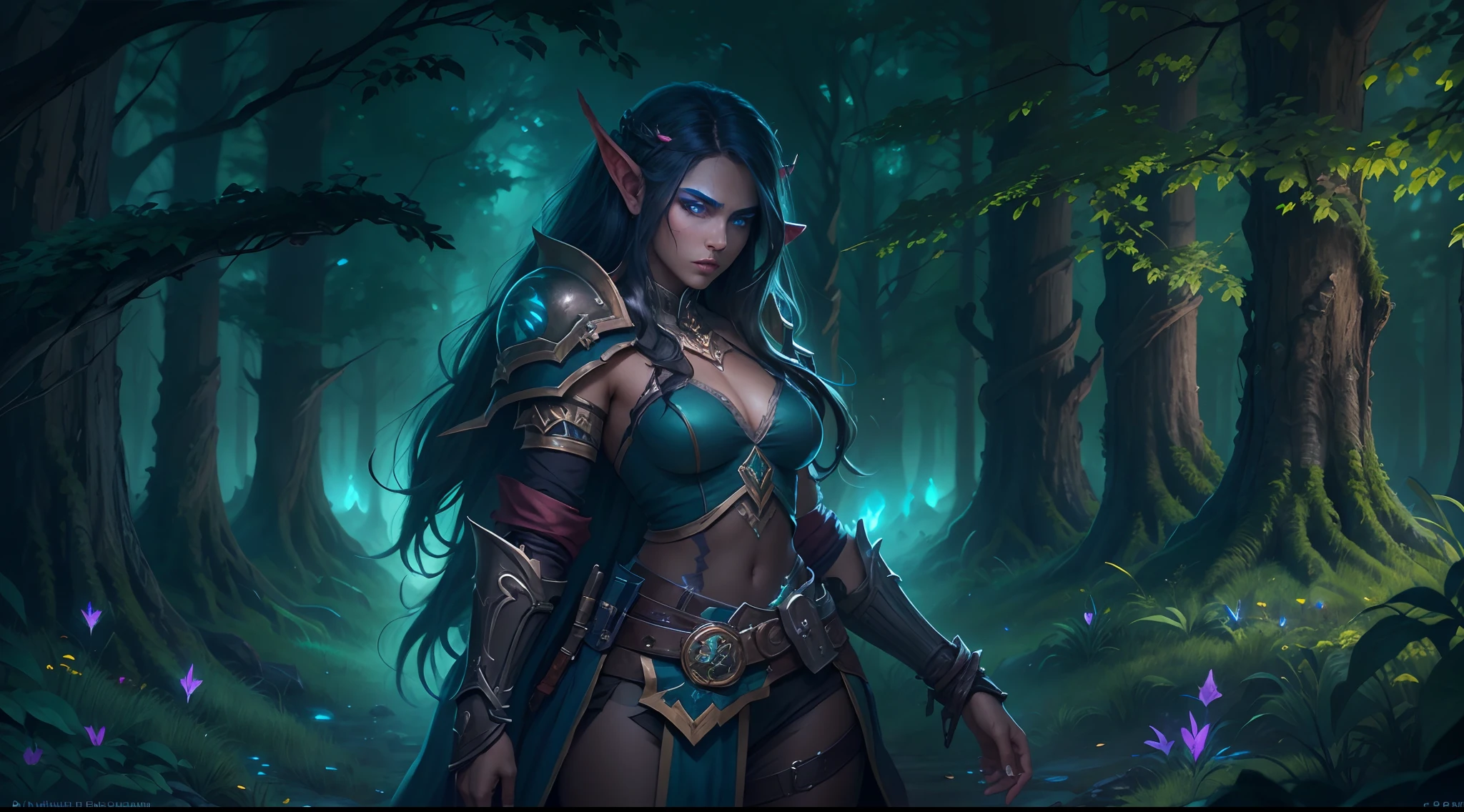 night elf,assassin,healer,blue eyes,green eyes,warcraft,wow,fantasy world,dark forest,beautiful glowing eyes,female ,glowing forest