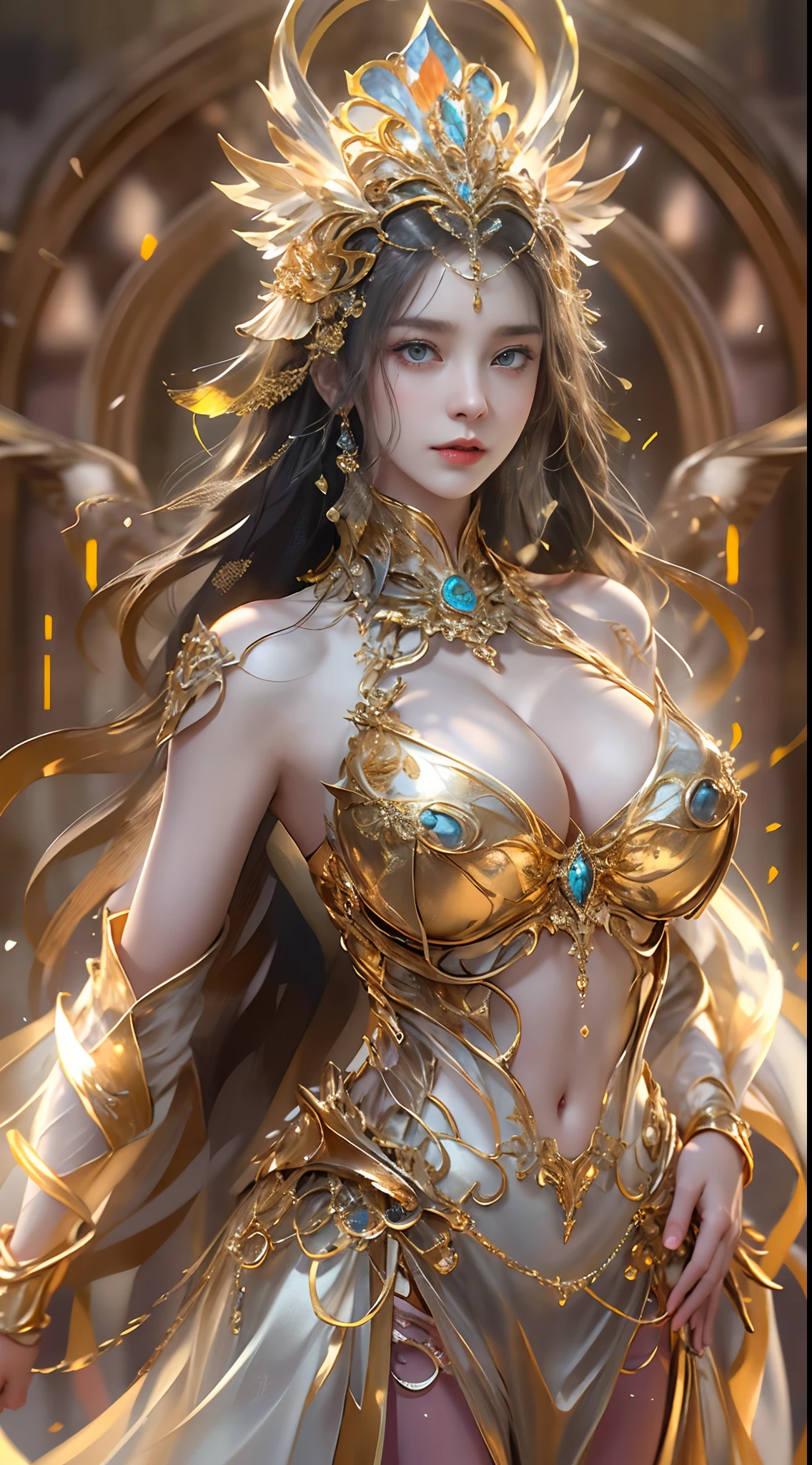 Woman in a golden transparent dress,view the viewer,(((Huge breasts, Large cleavage))),Slim waist,(navel baring,Bare waist), Long hair, Ultra-detailed details,High-end Zhenyi station, Rainstorm site, detailed fantasy art, Stunning character art, Beautiful and exquisite character art, Beautiful gold and silver armor, Extremely detailed, Girl in shiny armor, Exquisite tiaras and jewelry,Crystal jewelry filigree, milky ways, Stunning visuals, (dynamic streaks, light tracks:1.2), Vibrant colors,