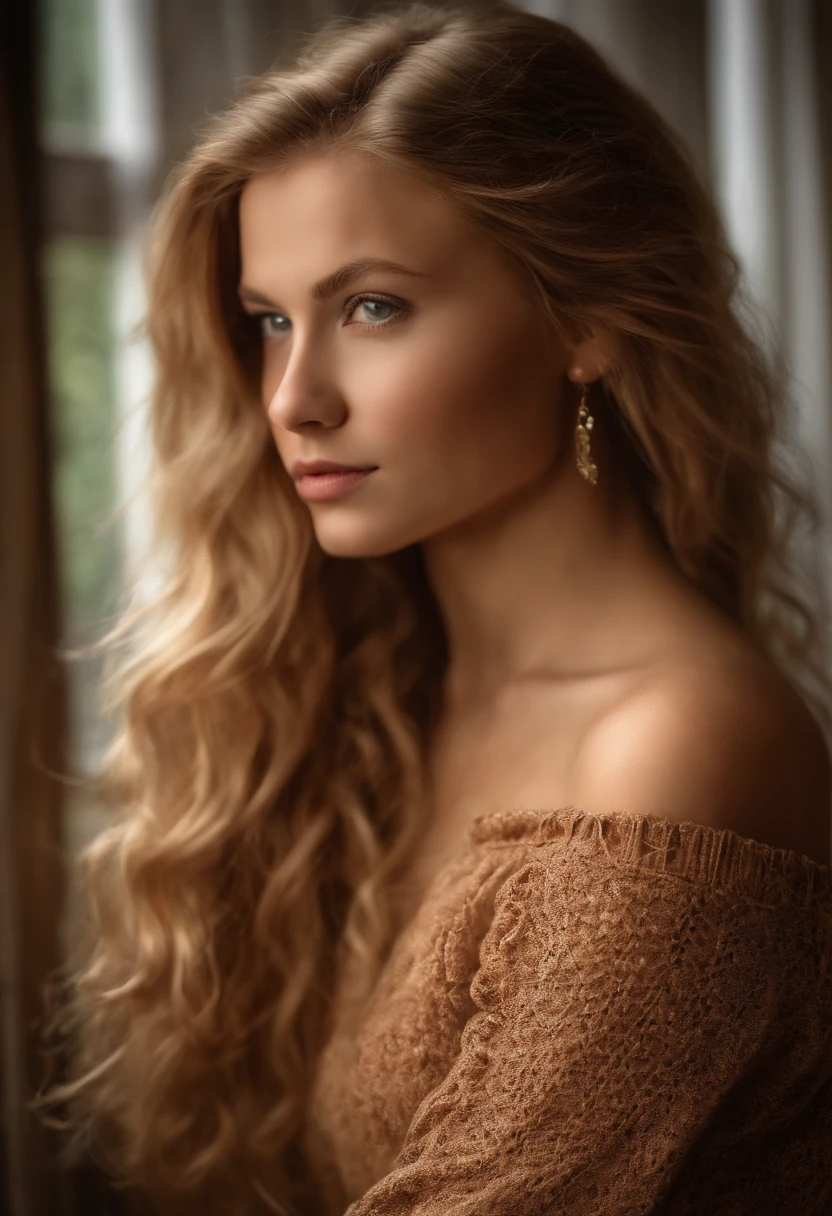 1girl , full entire body, nur, Lange Haare rot, sehr kleine Titten, very small breasts, Blick auf den Betrachter, blondes Haar, nackte Schultern, braune Augen, Schmuck, full entire body, Halskette, schulterfrei, Pullover, Lippen, realistisch, Nase,