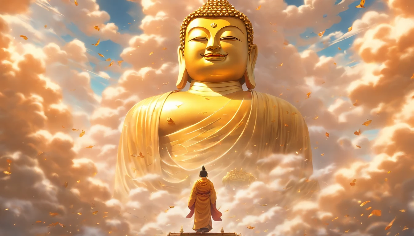 A huge golden Buddha statue rushed into the clouds,Pilgrims on the road,Light smile,China-style,In the distance, surrealism, stereograms, tachi-e, Atmospheric perspective, hyper photorealism, Cinematic lighting, god light, Super detail, ccurate, Best quality, Masterpiece, 16k, High details, A high resolution, Award-Awarded, Super detail, Anatomically correct