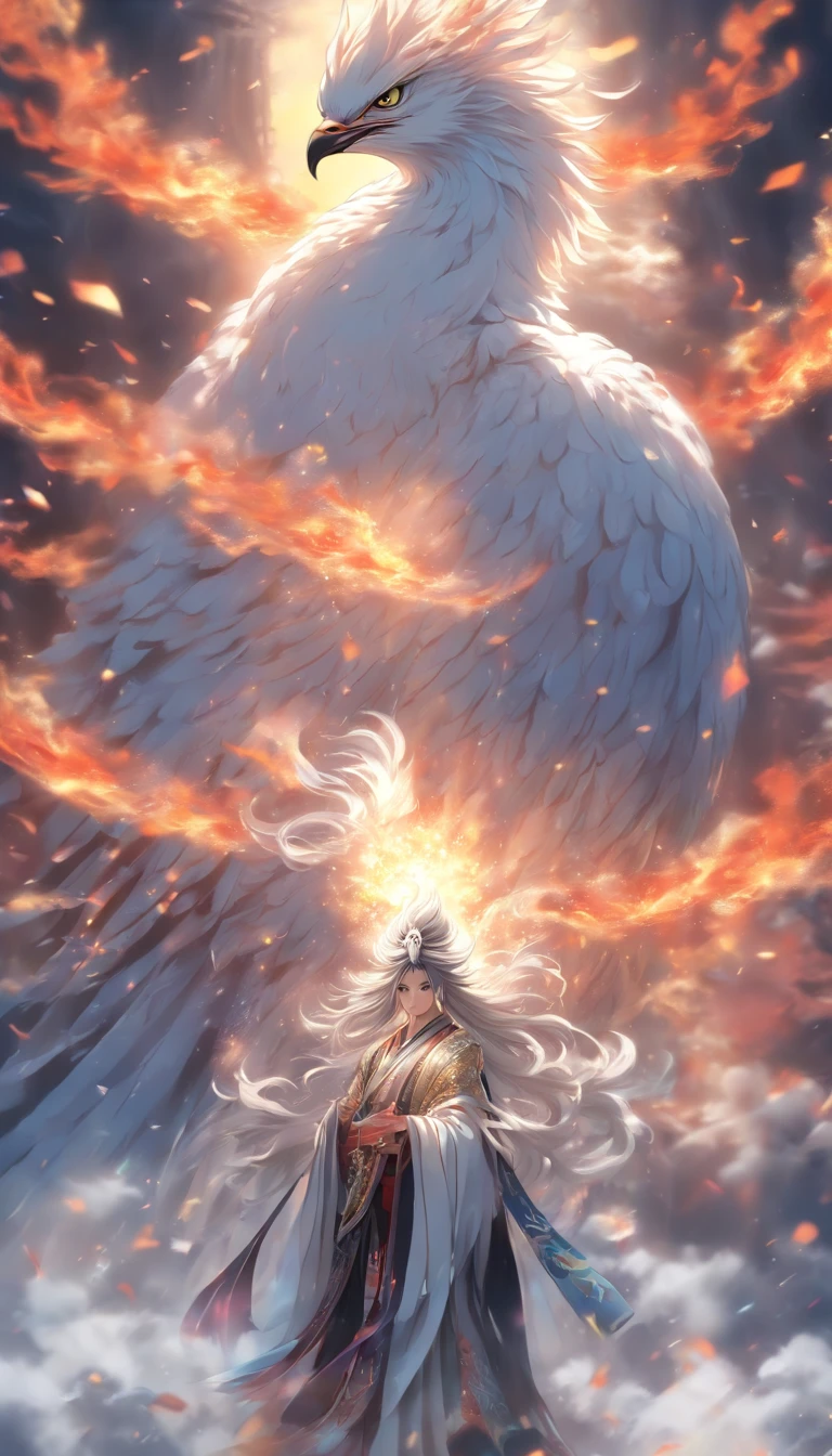China-style，中景 the scene is，The Taoist priest stood in front of the huge firebird with spread wings，massive wings，Stretch your hands，Long messy hair，Glow effects，Hyper-realistic，Ultra photo realsisim，Chinese black and white ink style，Silver，Decolorization，Smudge，ink，8K，super-fine，high qulity，（（（OC renderer）））
