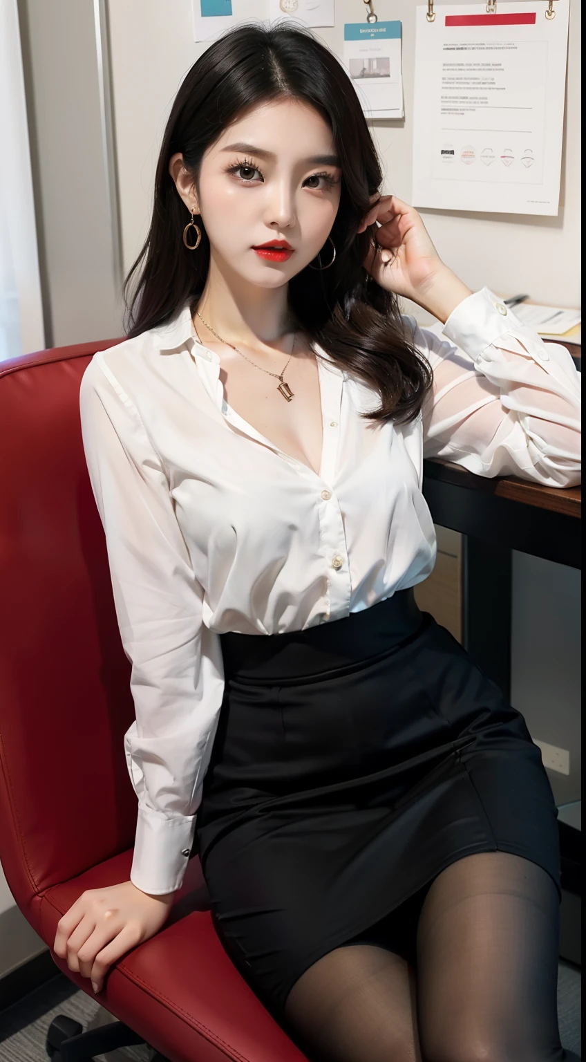 Beautiful Girl, Korean makeup, Red lips, Perfect body, medium chest, thigh, seats, pose in a chair, secretary, office, necklace slit shirt, Pencil skirt, black tights, View of the office,