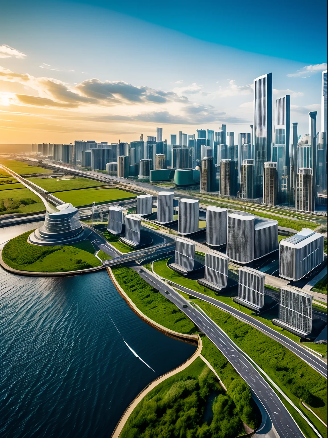 Picture a cityscape powered entirely by renewable energy in the year 2100. Shot taken by Canon EOS 5D Mark IV. The image should portray the city’s buildings fitted with green roofs and solar panels, wind turbines dotting the skyline, and electric vehicles moving on the streets. The city should appear vibrant and sustainable, a testament to the potential of renewable energy. Use a high-resolution 16k camera, a raw style, and a quality setting to capture this eco-friendly scene
