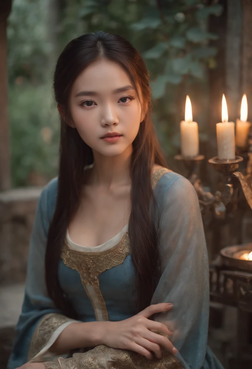 Fair complexion, A Chinese girl of about 19 years old, Slender and graceful, Candlelight in a medieval setting, super sharp focus, realistic lens, mini-skirts, long leges, Sit on treasure