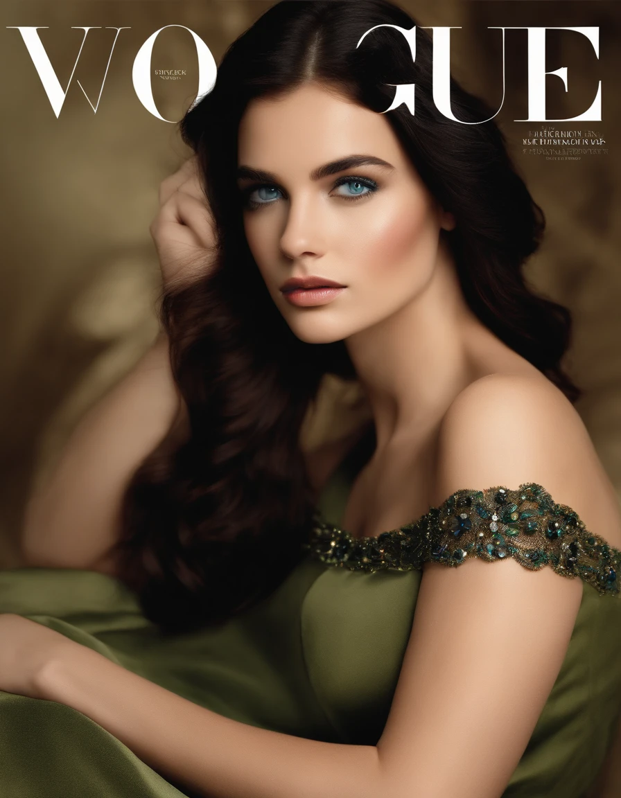 magazine cover,vogue, side chest, (Sleeveless:1.2), cleavage_cutout,bare back,from on the side,green-blue eyes, Sophisticated appearance, Princess, dark colored hair, Broad face, Young beautiful girl baby face