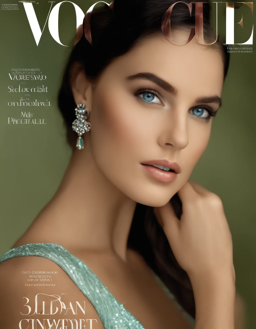 magazine cover,vogue, side chest, (Sleeveless:1.2), cleavage_cutout,bare back,from on the side,green-blue eyes, Sophisticated appearance, Princess, dark colored hair, Broad face, Young beautiful girl 