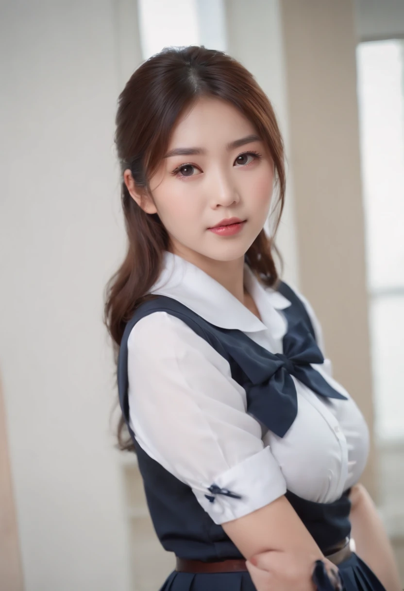 (Best quality,8K,RAW photo,realistic,high resolution:1.2),(Pretty Japanese girl),(Huge breasts, J size:1.25),(voluptuous),(school uniform,pleated skirt,white shirt, cleavage )