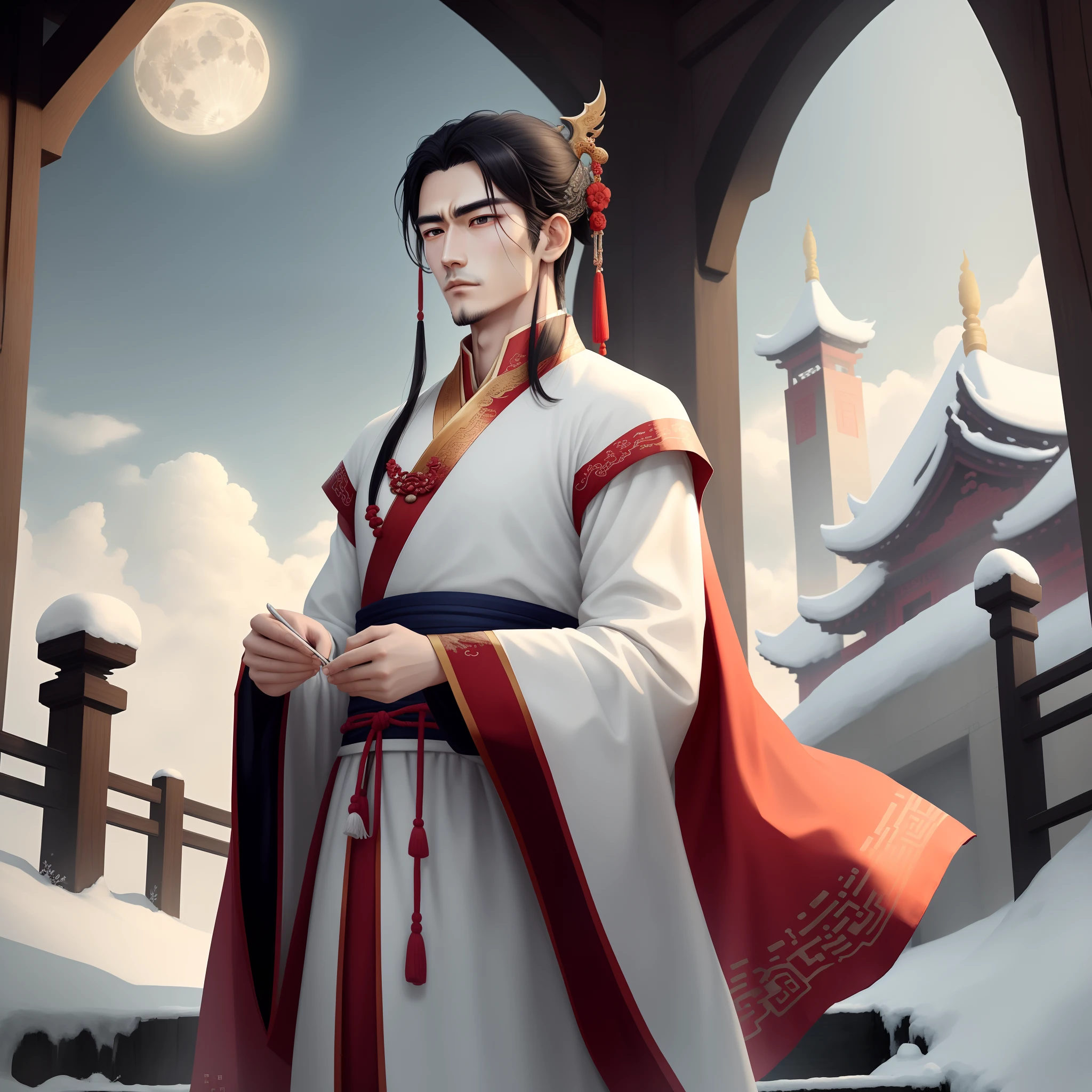 The man was dressed in a brocade with wide sleeves and white clothes，Calm and calm，Walk without haste，Gently float between walks，Wind and snow，Immortal Ling Ran，It seems that there are flowing clouds and floating light faintly flowing in the clothes。He was born with a beautiful moon，white complexion，Eyebrows，Handsome nose and thin lips，Step by step from the temple steps，It is as if a brushstroke has been slowly unfolded，The painting is exquisitely painted in ink danqing。A delicate and handsome face with a pair of glazed eyes embedded in it，The eyelashes that hang over the eyelids are slender and delicate，His distinctive eyes separate his beauty from others，The calmness between the eyebrows made everyone else a little impetuous。This Immortal Monarch's temperament is really cold，The whole body is covered with frost and snow，It's seven points cool，Those light glazed eyes added three points of ice and snow color to him，It's very cold。No one dared to speak up，I only felt that he had a sense of solemnity and purity，People dare not create a sense of defilement，Awe-inspiring，They all watched him descend the stairs with bated breath。Immortal appearance，Cold and dusty，Dull and elegant，Unparalleled in the world。Occupy the grace but the clouds are light and the wind is light。It's not who the newly ascended Hanguang Immortal Monarch is。