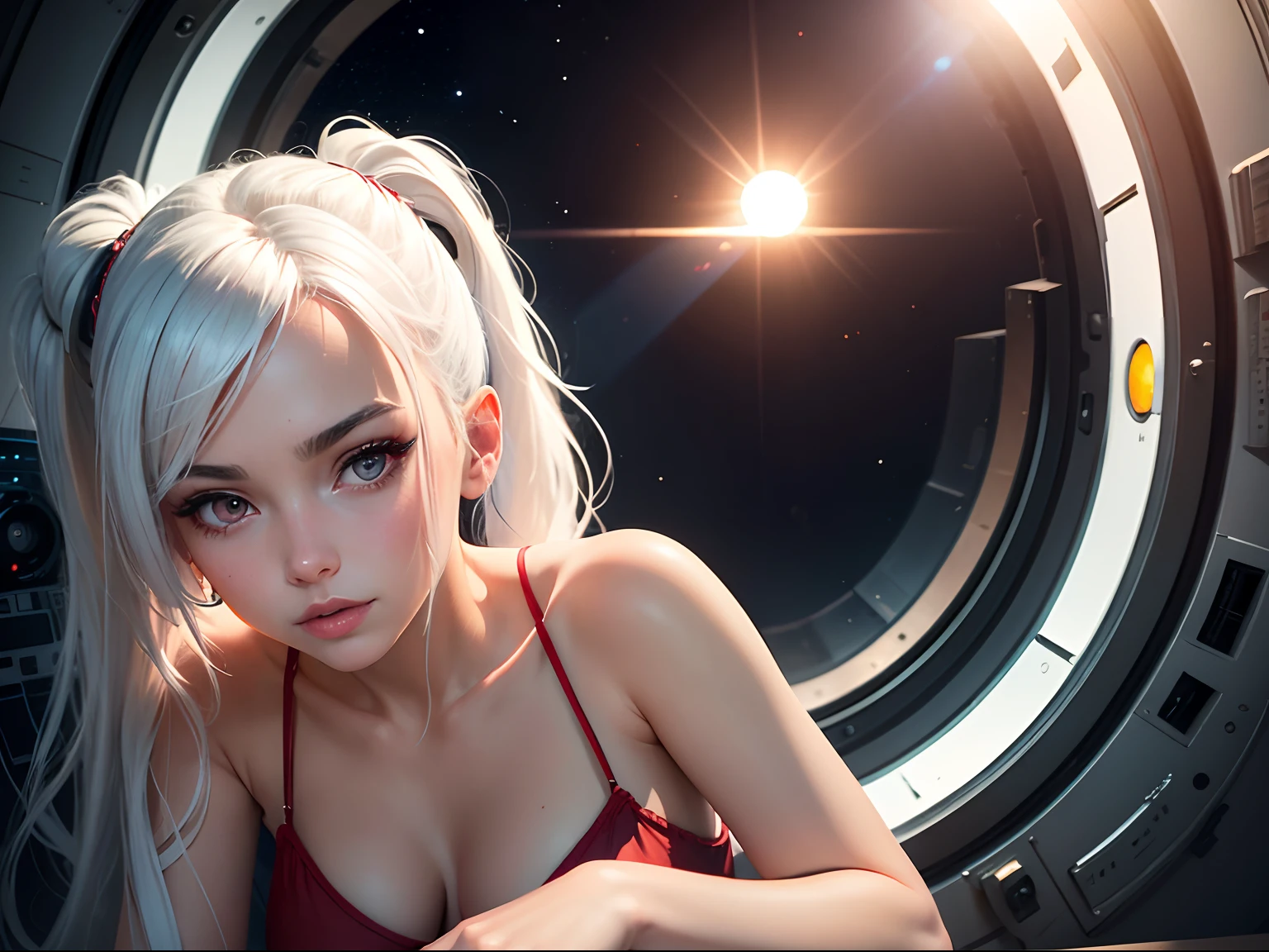 Masterpiece, High quality, hcnone, 1girll, White hair, pony tails, Red slip dress, Cosmic background outside the porthole of the spaceship, Warm gaze, Solar eclipse background
