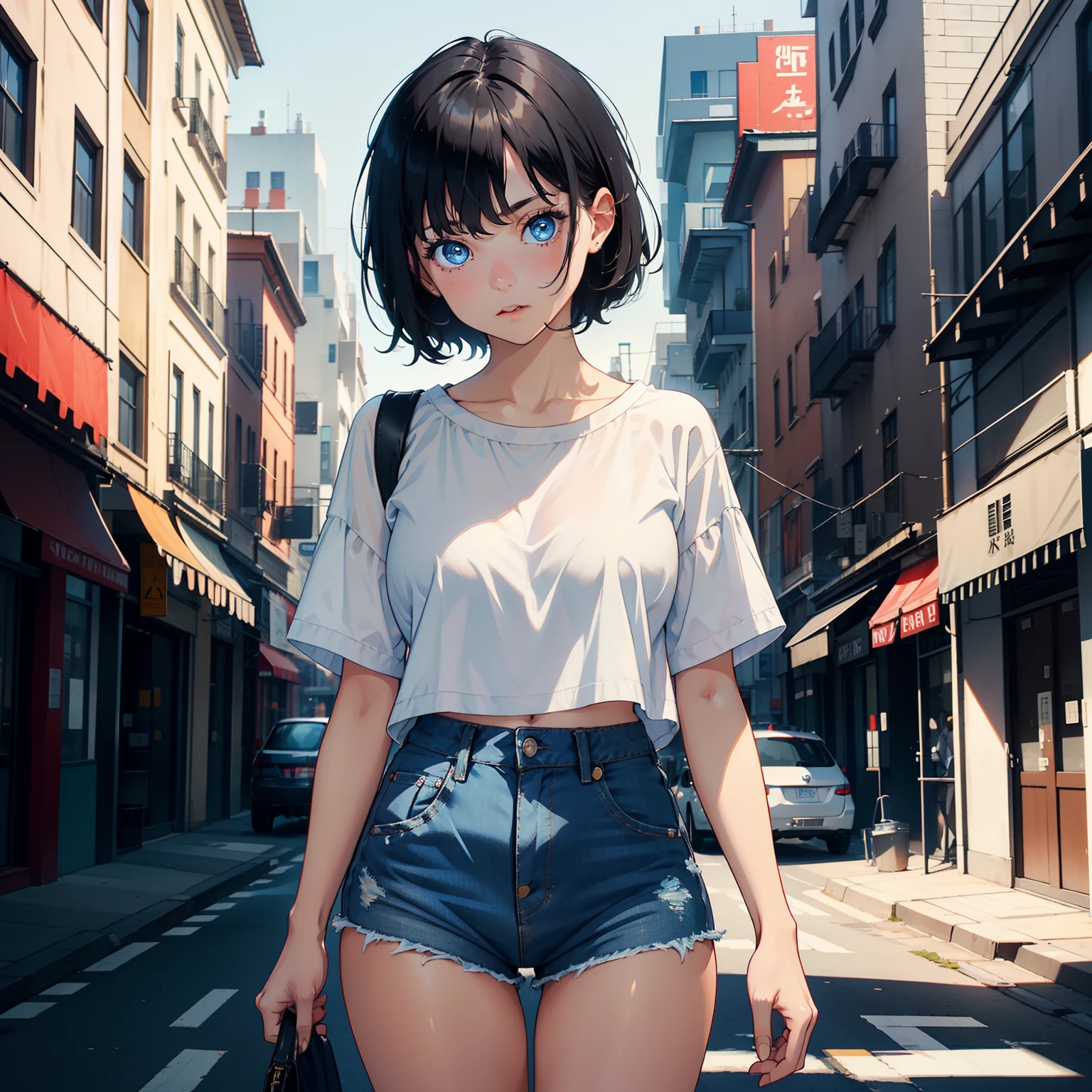 1 girl, short black hair, blue eyes, wearing plain white shirt, denim shorts, city, absurdres, high res, ultrasharp, 8K, masterpiece, looking at viewer
