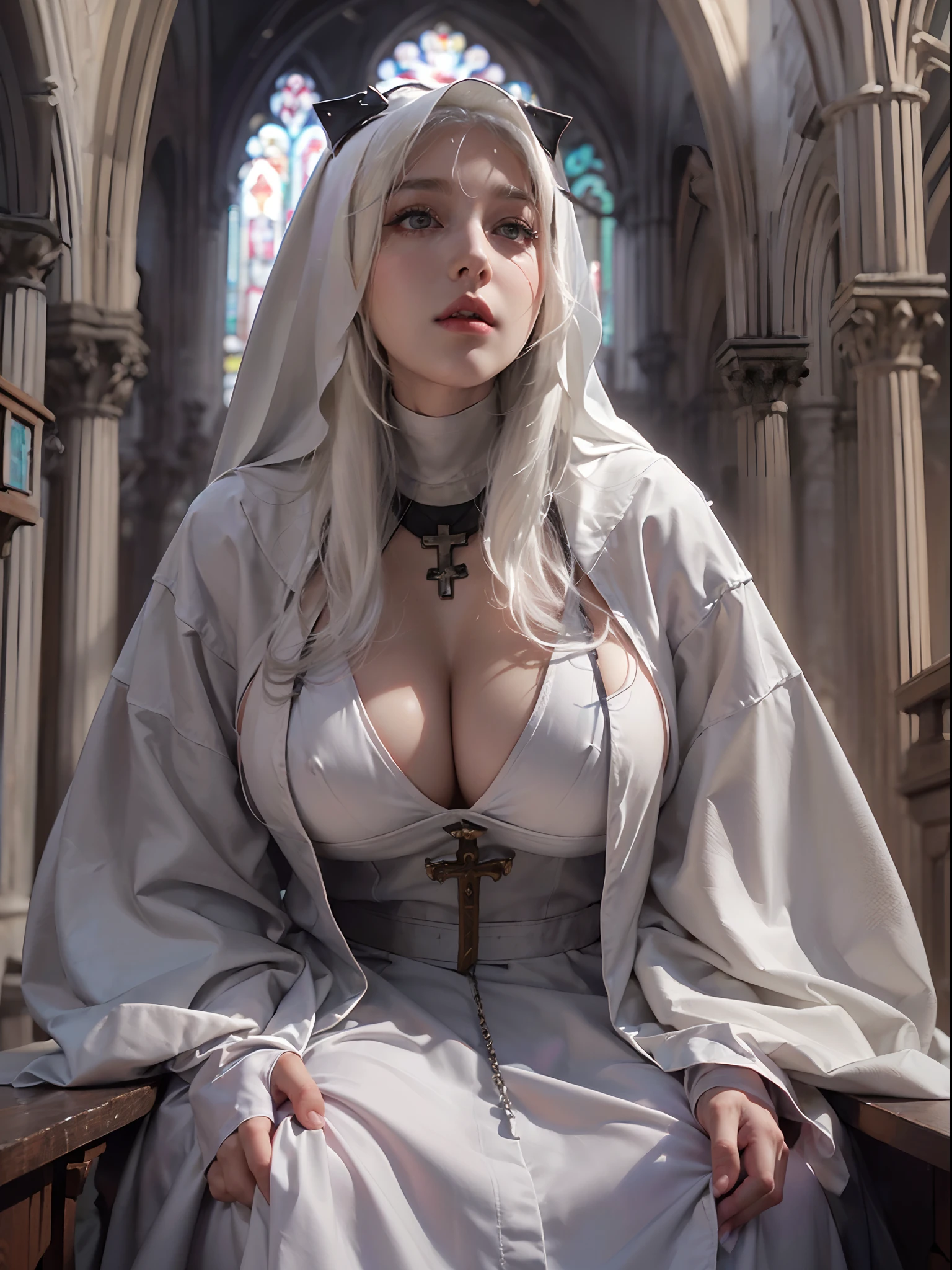 Stunning girl, best quality, ultra high res, (photorealistic:1.4), (faded ash white hair:1), (gigantic breasts, large breasts, huge breasts:1.4), (big pointy nipples, perky nipples:1.2), droopy breasts, thick thighs, wide hips, ((revealing nun cosplay)), black nun robe, veil covering hair , looking at viewer, close up, church,