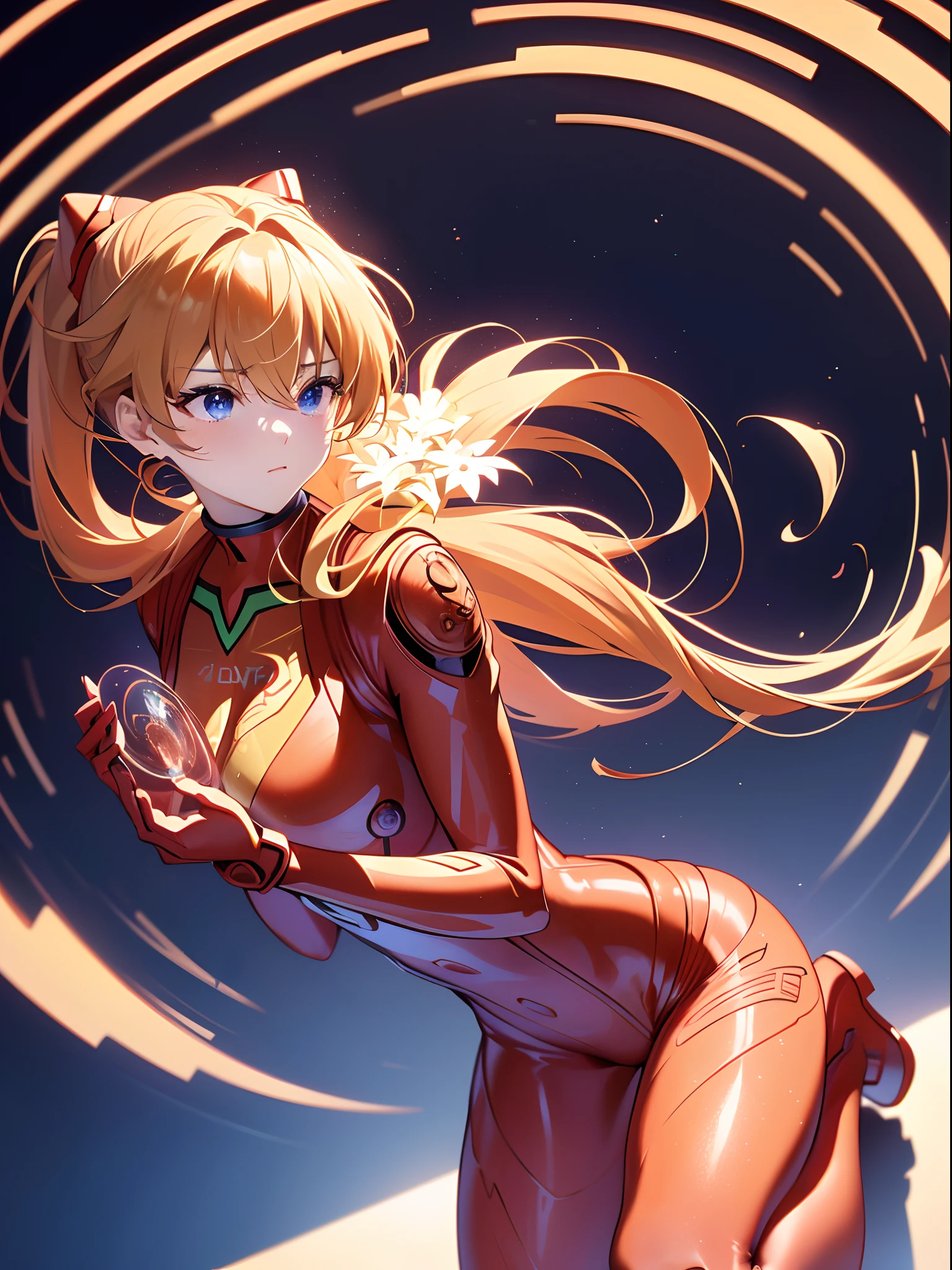 ((souryuu asuka langley,bodysuit,red plugsuit1.2,Blonde,long ponytail)),(Glowing eyes:1.233), diffuse reflection, high-profile, majestic,(frown,Tsundere,a very blushing face,adorable face,bishoujo,kawaii,)(Beautiful and detailed eyes:1.3),1girl,Solo,(Masterpiece,Best quality, offcial art,Target the audience, Beautiful and aesthetic:1.2),(超高分辨率,Golden ratio), (4K), (looking from above),((flower bouquet,))kneeling,Floating, (photo maping, Physically-based rendering,automatic white balance),Amazing,Sharp focus,(((holographic projector))), (((high detailed skin,)))Dynamic lighting,Intricately detailed clothing,Watery eyes,(masterpiece sidelighting),(busty,a beauty girl,The sheen),[[Delicate fingers and hands:0.55]::0.85],(Detail fingers),((((BREAK,Design an image with a fisheye lens effect, capturing a wide field of view with a distinctive, curved perspective.BREAK,)))Superior photographic quality,((extremely_Detailed_Eyes_and_face)),(Disheveled hair),Movie girl,