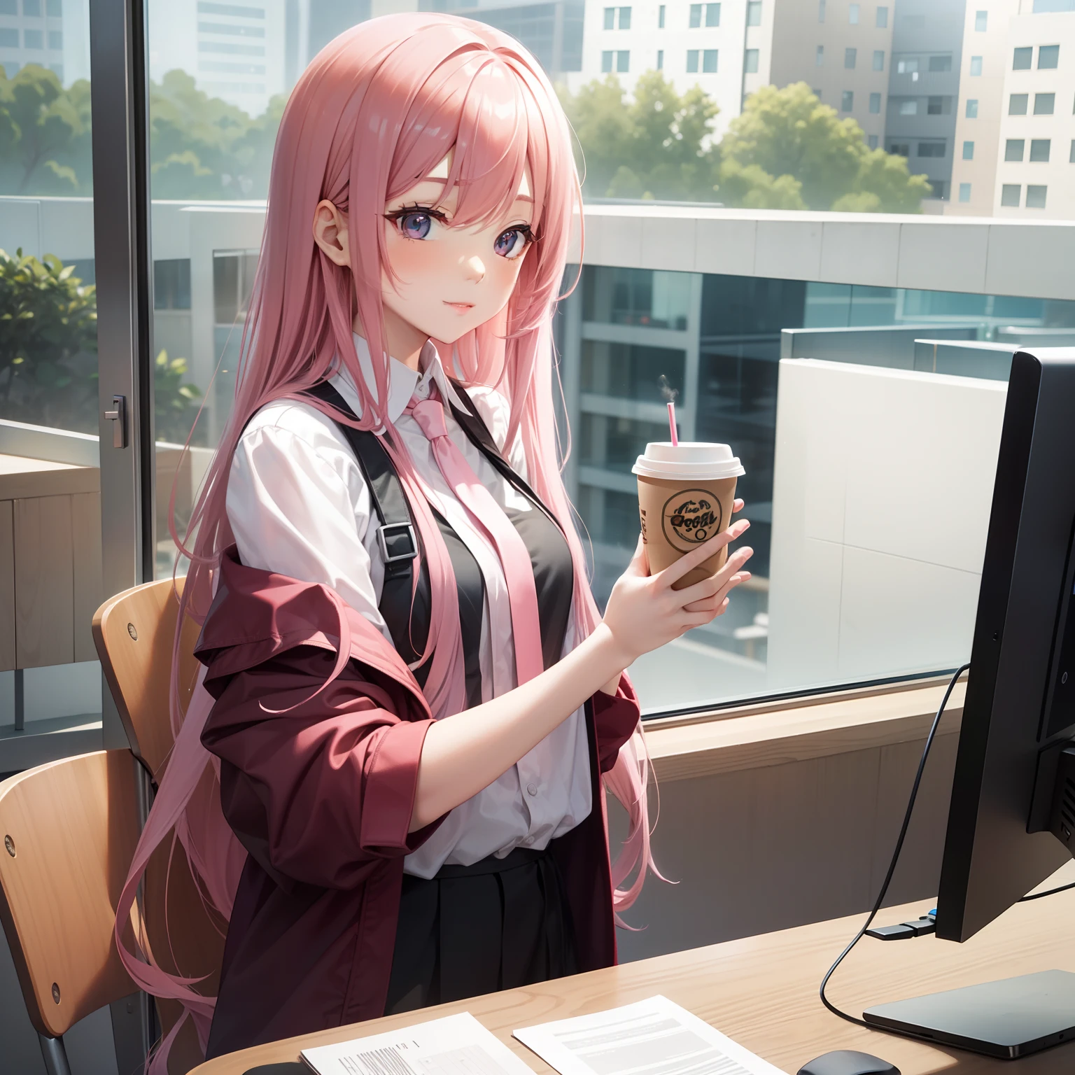 OL, Long pink hair, lunchtime, coffee、Solo, Office, Looking at Viewer, Front view,