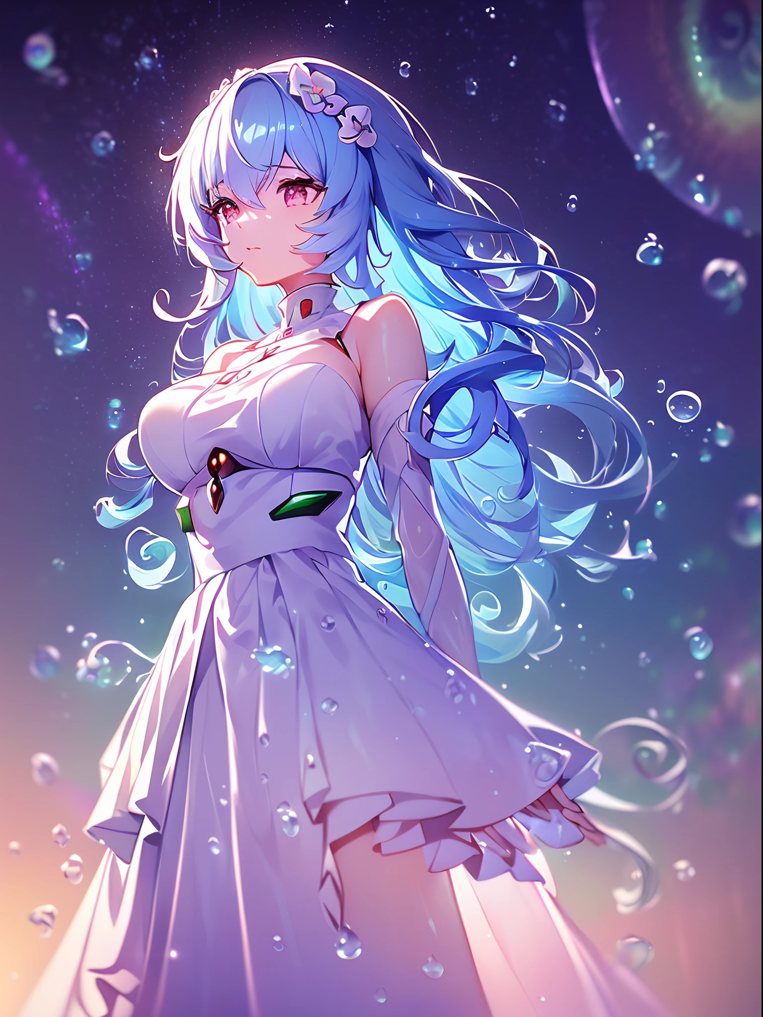 (((ayanami rei))),((((BREAK,Design an image with a fisheye lens effect, capturing a wide field of view with a distinctive, curved perspective.BREAK,)))((1girl:1.1,solo,))(masterpiece,best quality, official art,aim to viewers, beautiful and aesthetic:1.3),((ultra high res,golden ratio,)) (4k),((seen from above,dawn,rainbow,in the ocean,raindrops, dreamland,beautiful sky,detailed aurora)),((((spiral bubbles,))))dynamic lighting, cinematic lighting,(fantasy,blur image,arms behind back,)((psychedelic)),((dreamy)),((holographic projection,))radiosity, physically-based rendering,automatic white balance), technological sense,Amazing,sharp focus,detailed background,rich background, (((high detailed skin,)))dynamic lighting,intricate detailed outfit,glowing eyes,watery eyes,((long hair,))skiny,slender,smooth beast,white maid dress,long sleeves,headgear,(masterpiece sidelighting),(bishoujo,lustrous),(sky blue hair,pink eyes,）[[delicate fingers and hands:0.55]::0.85],(detail fingers),(((Ultra Photographic Quality,ultra wide angles)))),((incredibly absurdres,photoreality)),(realilty:0.7),((a girl is chanting,singing,))((micro distance,bust,))diamond rings,((extremely_detailed_eyes_and_face)),(disheveled hair),FilmGirl,(dynamic configuration: 1.2),Brilliant,drifting Nebula,ethereal, glossy ,striking contrast,high saturation