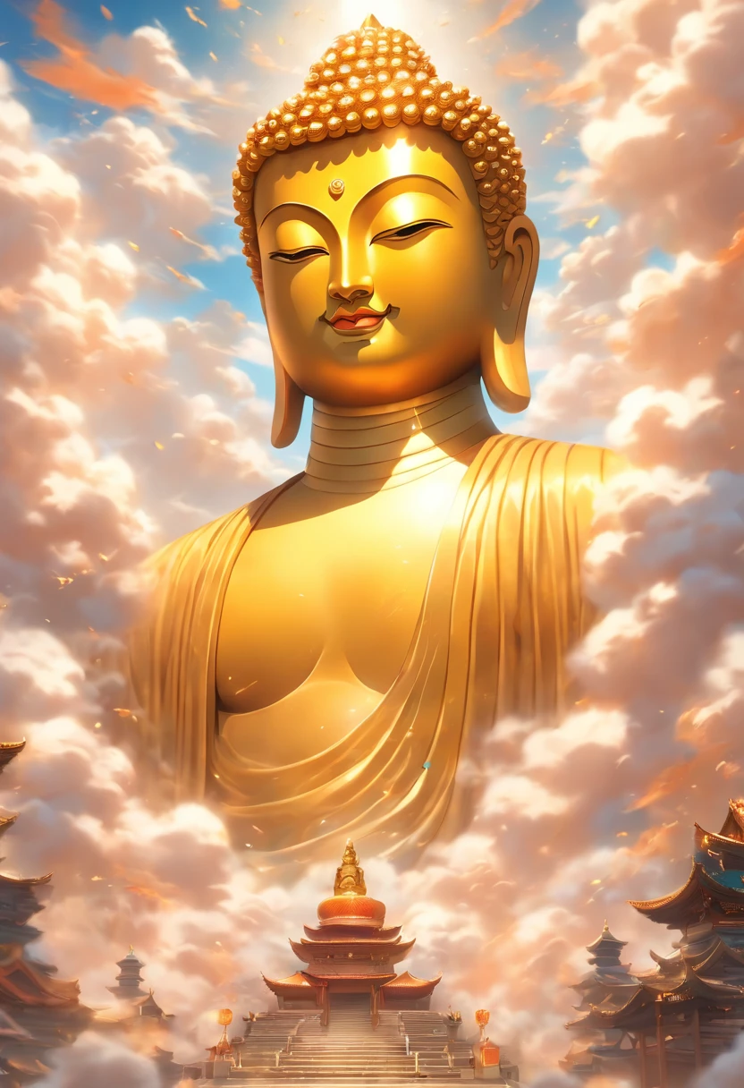 A huge golden Buddha statue rushed into the clouds，Pilgrims on the road，Light smile,China-style，In the distance, surrealism, stereograms, tachi-e, Atmospheric perspective, hyper photorealism, Cinematic lighting, god light, Super detail, ccurate, Best quality, Masterpiece, 16k, High details, A high resolution, Award-Awarded, Super detail, Anatomically correct