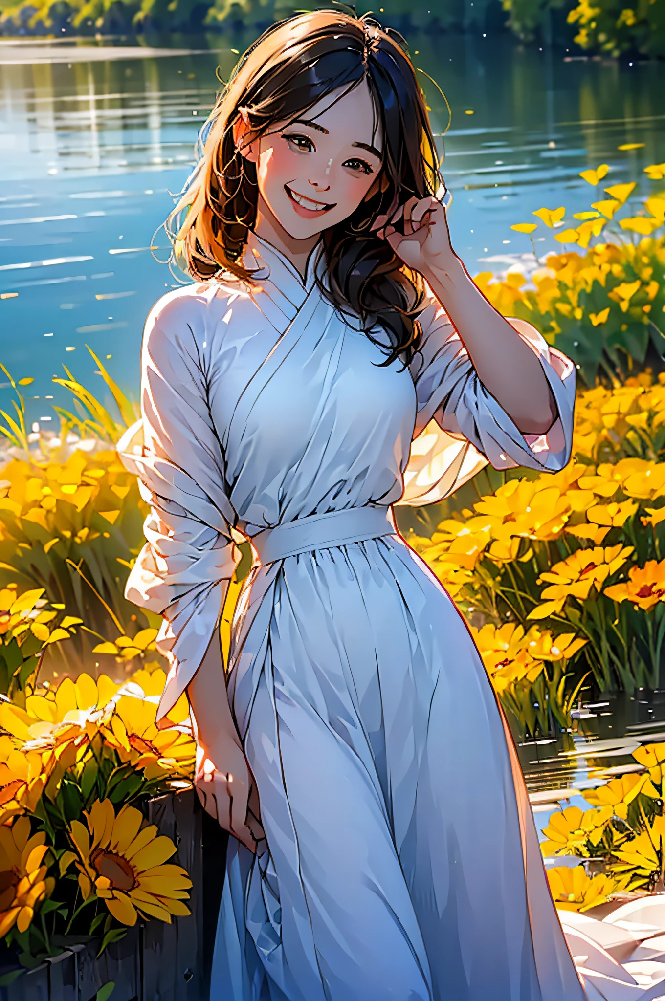 (in 8K、top-quality、masterpiece:1.2)、1人の女性、(Smiling smile:1.1)、beautidful eyes、Valley、The upper part of the body、length hair、Like a boy、Longhaire、Yellow View、
