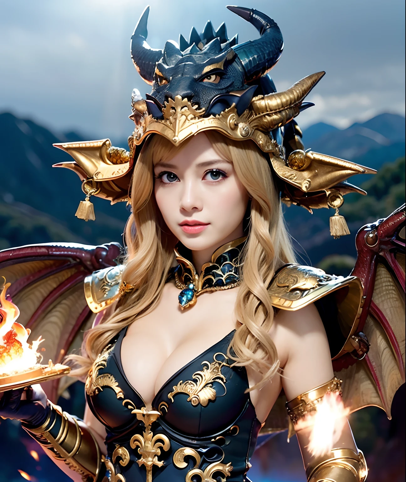 Professional , masterpiece、top-quality、photos realistic , depth of fields 、(Dragon Black Metal Body:1.9),(Matte Blue Black、(cleavage of the breast)、Dragon Gold Weapon、(Micro Bikini Armor:1.4),Gorgeous gold weapons ,(Fight dragons)、Seductive look、Armpit、(( Dragon's dense and gorgeous sword)) , (demonic wings) ,Detail and gorgeous crown、((a blond))、(Castle background)、((Gangle's forest background))、Beautiful Caucasian beauty、1a person、dynamic ungle,(((Detailed and ornate dragon helmet)))、Smaller head、A smile、Castle background、Thin and beautiful female hands、cleavage of the breast、Soldier in iron armor on background、Mystical expression、Light Effects、intense fighting、Wind-effect、magic circles、With the legendary magic wand、Dragon's tail、explosions、Armpit、