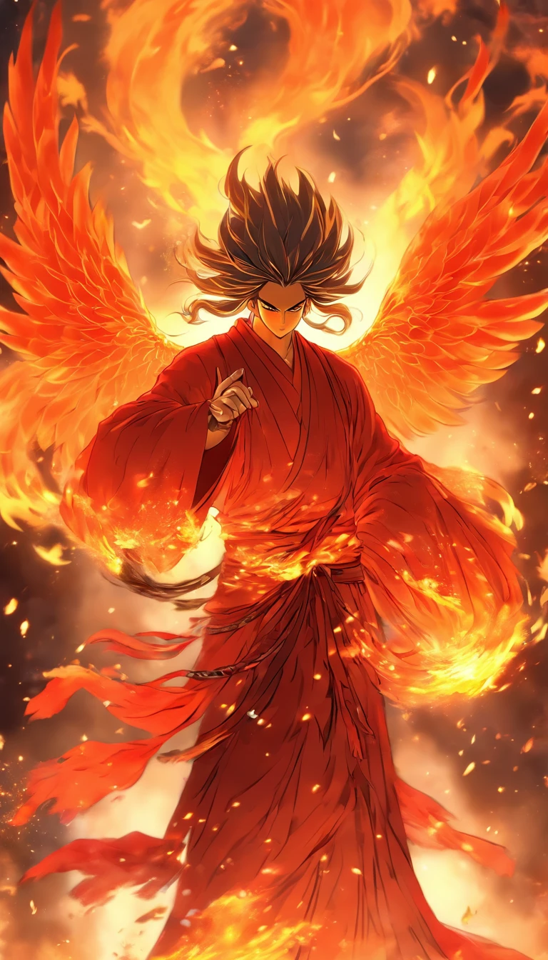 China-style,中景 the scene is,The Taoist priest stood in front of the huge firebird with spread wings,massive wings,Stretch your hands,Long messy hair,Glow effects,Hyper-realistic,Ultra photo realsisim,Chinese ink style,firey,rot,Smudge,ink,8K,super-fine,high qulity,(((OC renderer)))