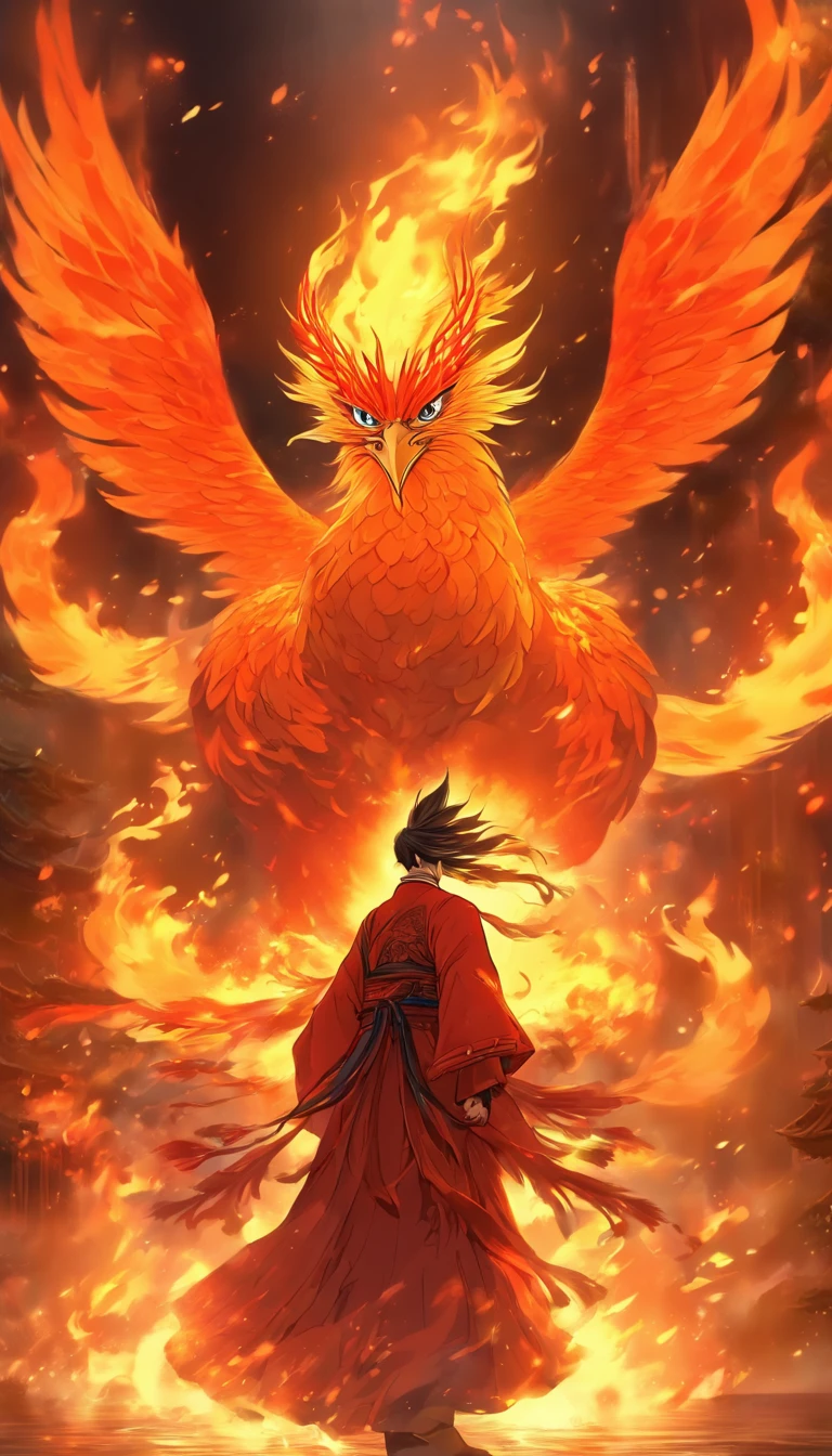 China-style，中景 the scene is，The Taoist priest stood in front of the huge firebird with spread wings，massive wings，Stretch your hands，Long messy hair，Glow effects，Hyper-realistic，Ultra photo realsisim，Chinese ink style，firey，rot，Smudge，ink，8K，super-fine，high qulity，（（（OC renderer）））