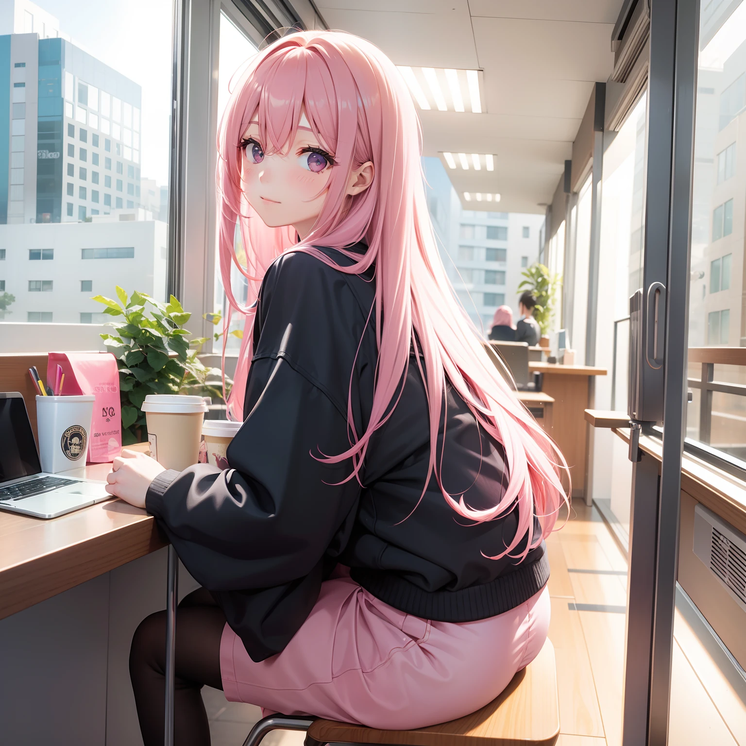 OL, Long pink hair, lunchtime, coffee、Solo, Office, Looking at Viewer, Front view,