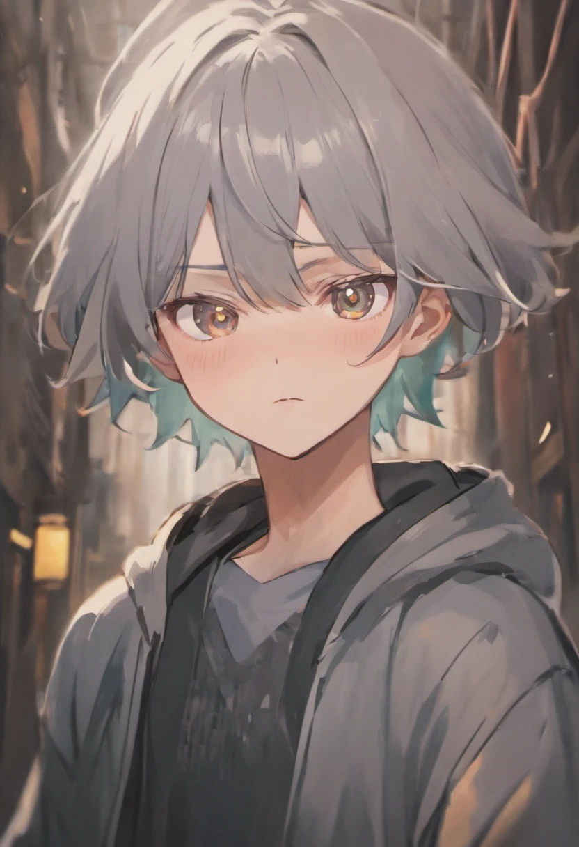 (Boy with gray hair, Strong gaze, Perforated teenager:1.2）Hairstyle reference，Shigego Gojo