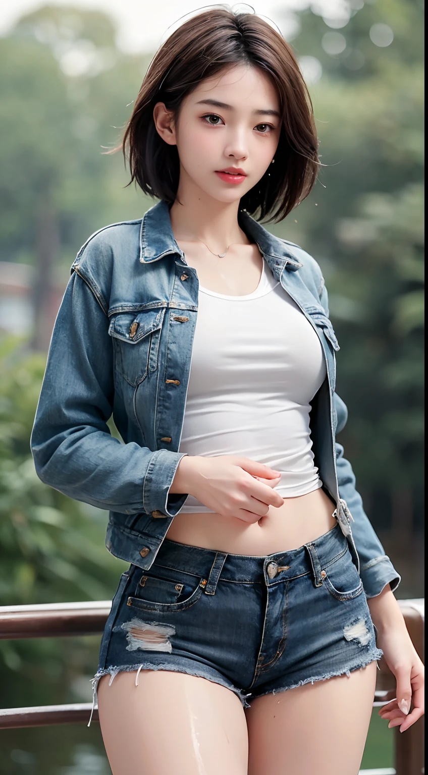 1girl, ((extreme detail)), (ultra-detailed), (best quality, 4k, 8k, highres, masterpiece:1.2), (realistic, photorealistic, photo-realistic:1.37), (extremely detailed CG unity 8k wallpaper), (an extremely delicate and beautiful), fine detail, insane details, sharp focus, soft back, soothing tones, hyperdetailed, low contrast, exposure blend, illustration, film grain, beautiful lighting, perfect lightning, precise proportions,

(perfect female figure), blush,
(crowded streets on background), rainy day, background blur,
(short-length hair, side parted hair:1.45),
(tight black t-shirt with jeans jacket on, open jacket), (denim shorts), (smile:0.8), (wet-body:1.4),