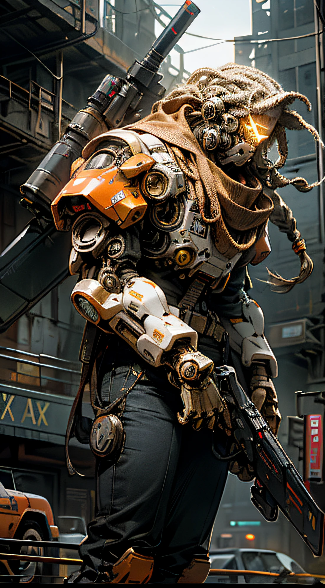 On the moon, barren planets, ruins, holding_weapon, no_humans, glowing, robot with blonde dreadlocks, building, glowing_eyes, orange mecha, science_fiction, city, realistic,mecha,Milky Way Galaxy background, black and gold cyberpunk,