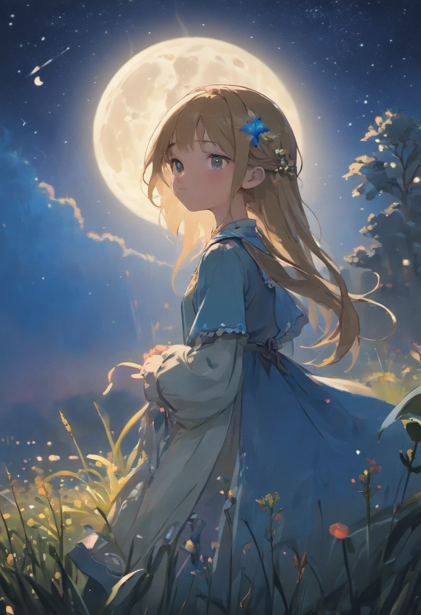 (best quality,4k,8k,highres,masterpiece:1.2),ultra-detailed,realistic,photorealistic:1.37, HDR,UHD,studio lighting,ultra-fine painting,sharp focus,physically-based rendering,extreme detail description,professional,vivid colors,bokeh,portraits,landscape

A beautiful, adorable little girl sitting on the grass, gazing at the night sky. Her eyes are filled with wonder and awe as she observes the moon and stars. The moonlight illuminates her face, highlighting the delicate features of her beautiful detailed eyes, button nose, and full lips. Her long eyelashes add a touch of elegance to her face.

The grass is lush and vibrant, with each blade meticulously rendered to create an ultra-detailed and realistic texture. The girl is wearing a charming dress that perfectly complements the scene. The dress is adorned with intricate floral patterns, adding a touch of whimsy and femininity to the overall composition.

In the distance, there is a silhouette of a house, bathed in warm, romantic colors. The house further enhances the magical atmosphere of the scene, providing a sense of comfort and tranquility. The stars in the sky are not only shining brightly but also falling gracefully, trailing colorful streaks as they descend.

The overall image quality is of the highest caliber, with a resolution of 4k or 8k, ensuring every minute detail is captured with utmost precision. The lighting in the scene is carefully orchestrated to create a studio-like ambiance that accentuates the beauty of the girl and the surrounding elements.

The artistic style employed in this prompt is reminiscent of portrait painting and landscape photography, blending the realistic portrayal of the girl with the ethereal qualities of the night sky. The colors are vibrant and vivid, enhancing the dreamlike quality of the scene.

The prompt captures the essence of a tender and magical moment as the girl immerses herself in the enchanting beauty of the night sky.