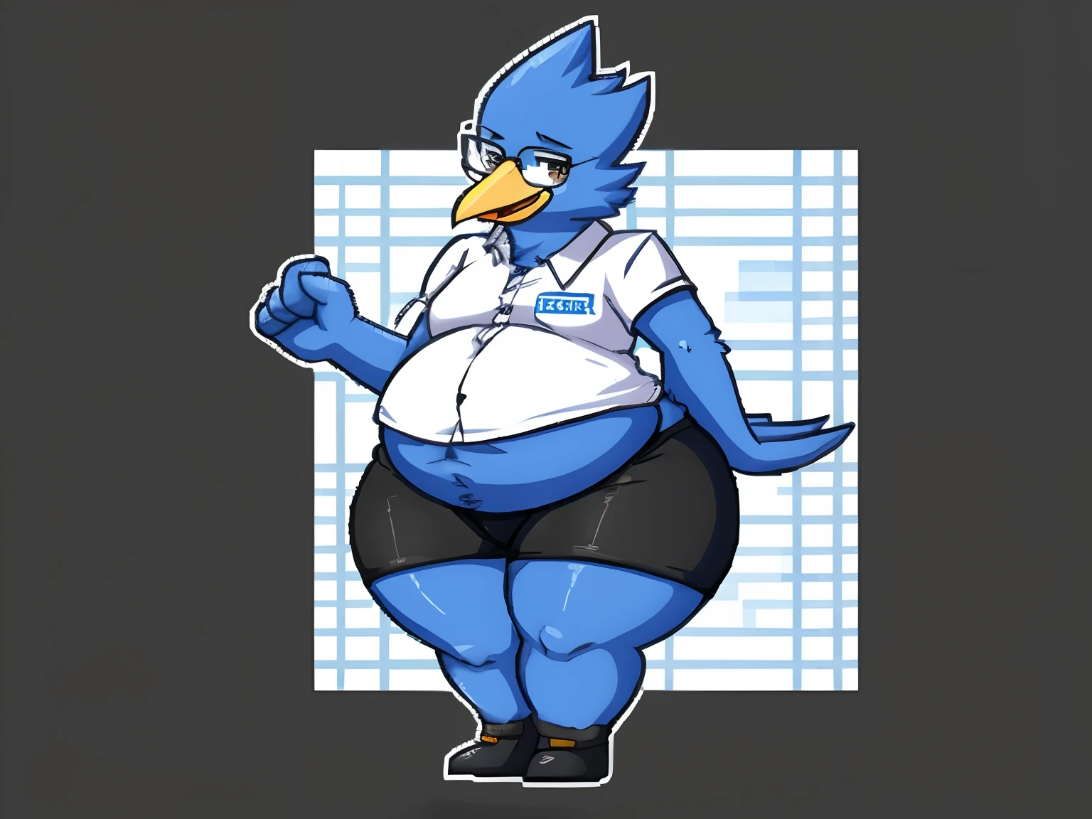 Berdly from Deltarune, professional art made by toby fox, glasses, 1boy, solo, male, avian, pixelated, chubby, big belly, white shirt, black shorts, wide hips, thick thighs