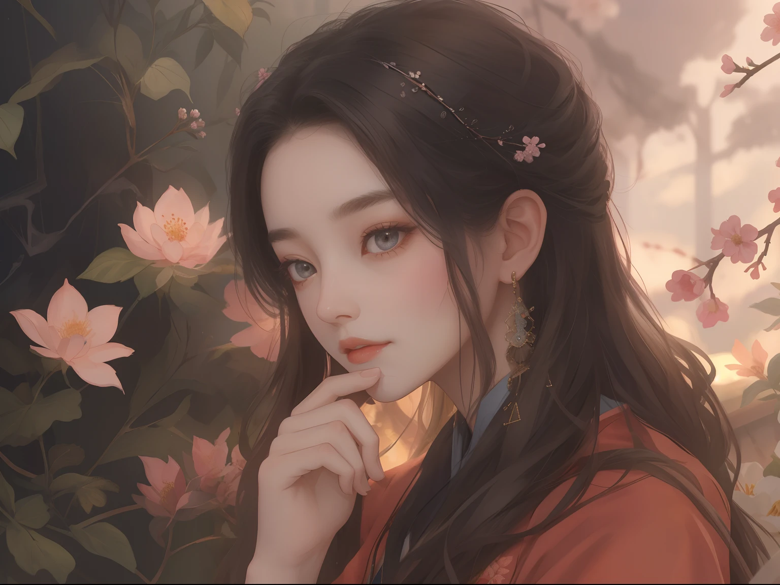 1 flat-chested girl,Close-up of upper body portrait,Slim and flat body,smallunderboob,Black color hair,floated hair,Hazy beauty,Extremely beautiful facial features,Matte moon white embroidered tulle dress,with a hairpin on her head,Lie in the five-white sky full of stars,Surrounded by flowers,Surrounded by flowers,Perfect anatomy,(Skinny figure,flatchest),white blossoms,(springtime, Rainy days, terraced, mountain ranges), Simple vector art, Contemporary Chinese art, the soft light,Overlooking