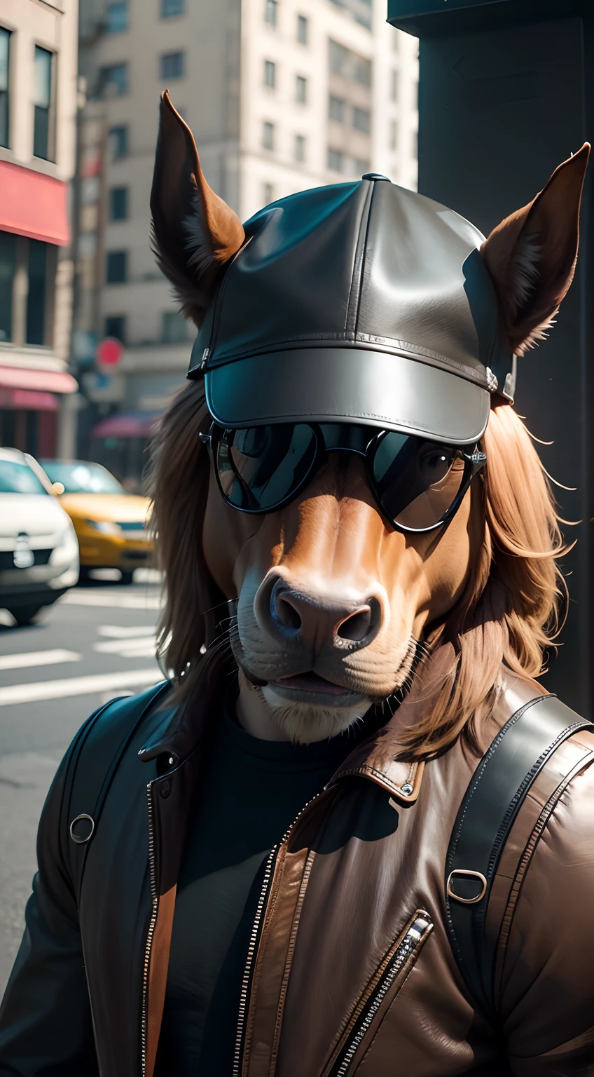 A cute anthropomorphic horse，(There are horse heads:1.2)，(The face is a horse face)，Wearing a tan leather jacket，Black straight-leg pants，Black leather shoes，Hat，Wearing sunglasses，Super metropolitan street，（depth of fields），（Movie lighting），（light and shadow effect），（Unreal 5），（tmasterpiece），（8k wallpaper），photorealestic，realisticlying