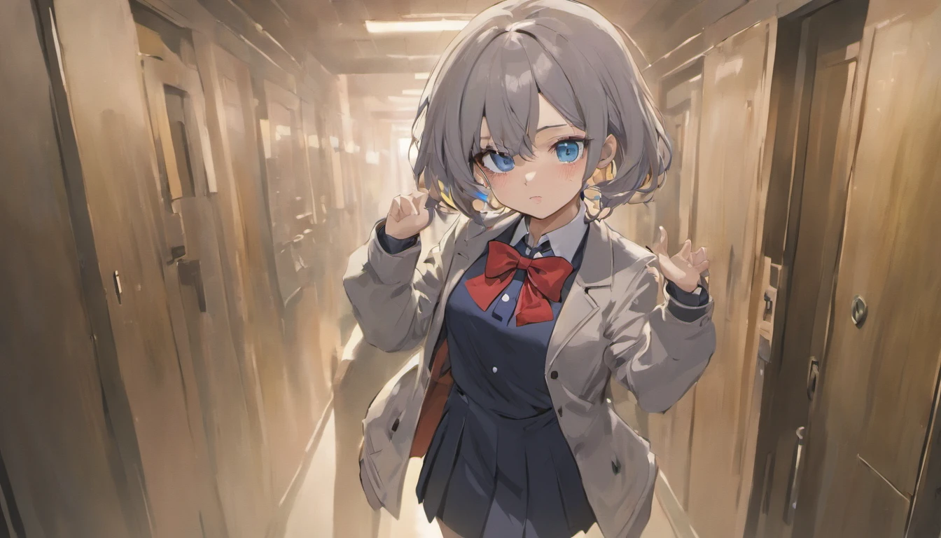 Arya, 1girll, Solo, Long hair, Blue eyes, Ahoge, Bow, view the viewer, Red bow, Jacket, neck bowtie, Long sleeves, breasts, Shirt, Open jacket, red bowtie, door, Cowboy Shot, Collared shirt, Indoors, School uniform, White hair, Standing, Open your clothes, Skirt, Bangs, Dress, Grey jacket, Black Dress, blush, Pleated skirt, Parted Lip, medium breasts, pleated dress, White shirt, hair between eye, White jacket, Hand up, Blazer, Black skirt, thighs thighs thighs thighs, Open door, hallway