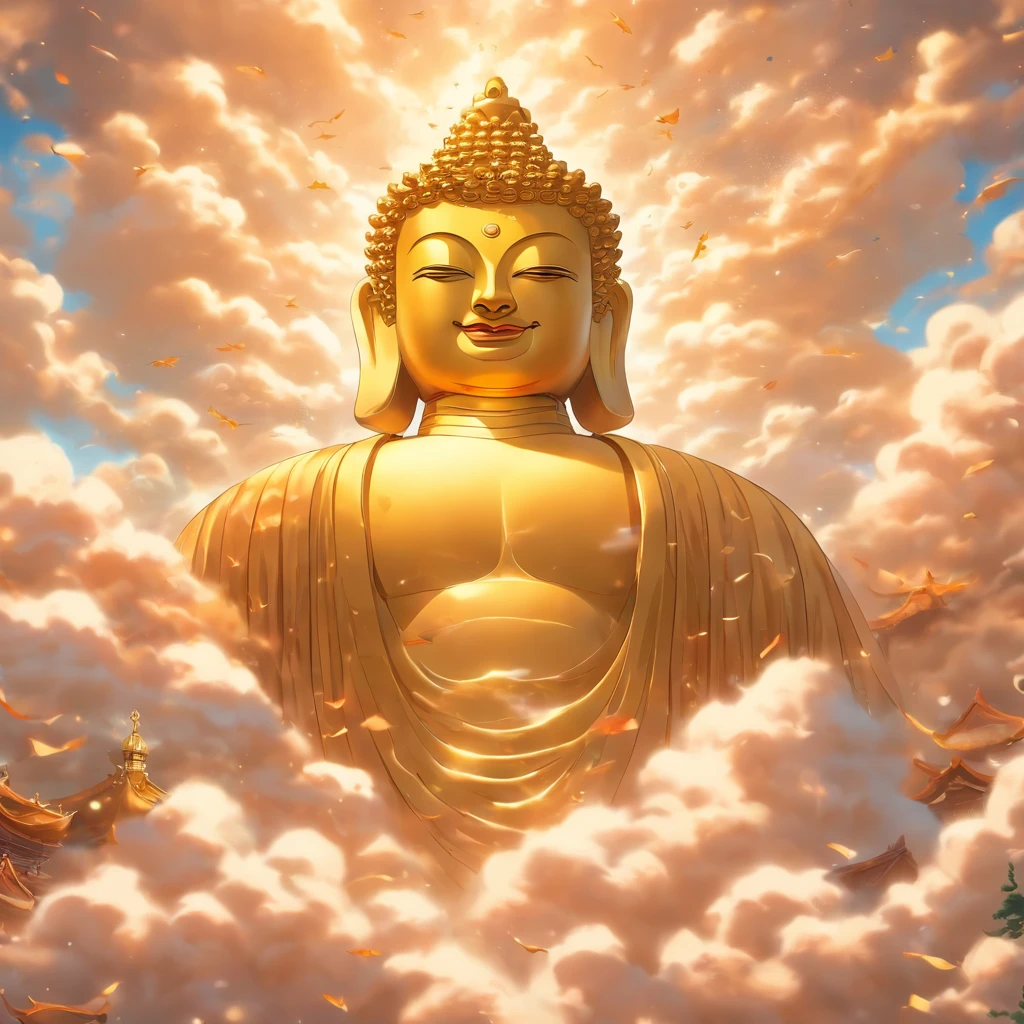 A huge golden Buddha statue rushed into the clouds，Pilgrims on the road，Light smile,China-style，In the distance, surrealism, stereograms, tachi-e, Atmospheric perspective, hyper photorealism, Cinematic lighting, god light, Super detail, ccurate, Best quality, Masterpiece, 16k, High details, A high resolution, Award-Awarded, Super detail, Anatomically correct