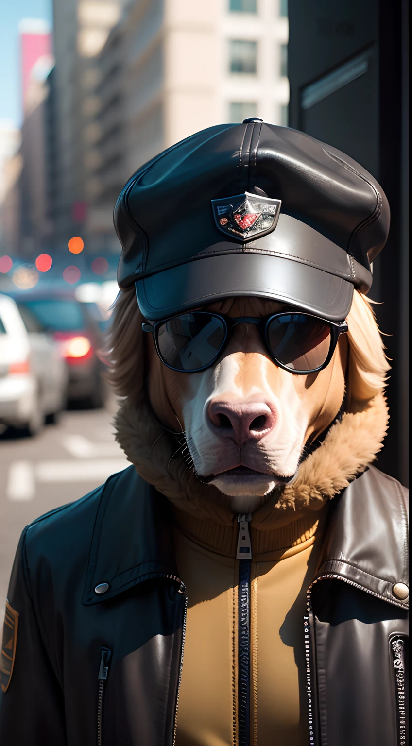 A cute anthropomorphic horse，(There are horse heads:1.2)，(The face is a horse face)，Wearing a tan leather jacket，Black straight-leg pants，Black leather shoes，Hat，Wearing sunglasses，Super metropolitan street，（depth of fields），（Movie lighting），（light and shadow effect），（Unreal 5），（tmasterpiece），（8k wallpaper），photorealestic，realisticlying