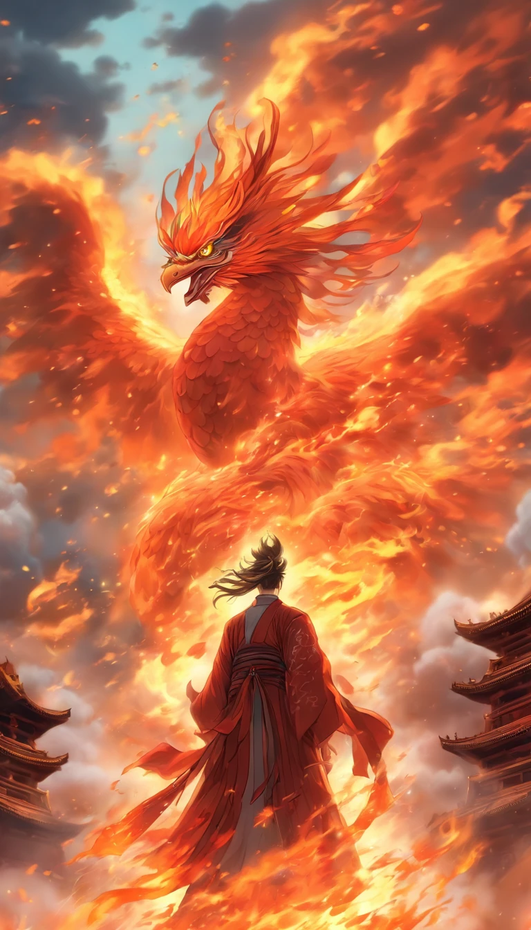 China-style，中景 the scene is，The Taoist priest stood in front of the huge firebird with spread wings，massive wings，Stretch your hands，Long messy hair，Glow effects，Hyper-realistic，Ultra photo realsisim，Chinese ink style，firey，rot，Smudge，Clouds，8K，super-fine，high qulity，（（（OC renderer）））