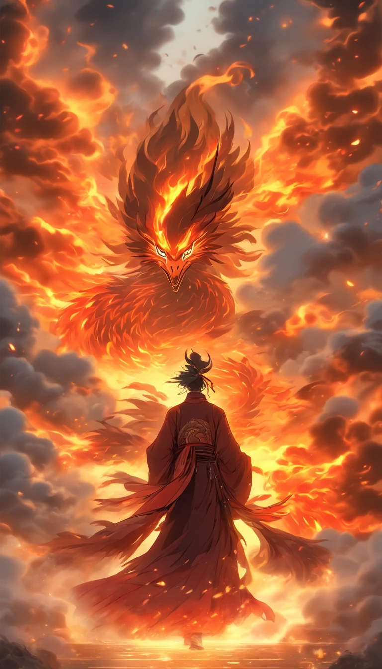China-style,中景 the scene is,The Taoist priest stood in front of the huge firebird with spread wings,massive wings,Stretch your hands,Long messy hair,Glow effects,Hyper-realistic,Ultra photo realsisim,Chinese ink style,firey,rot,Smudge,Clouds,8K,super-fine,high qulity,(((OC renderer)))