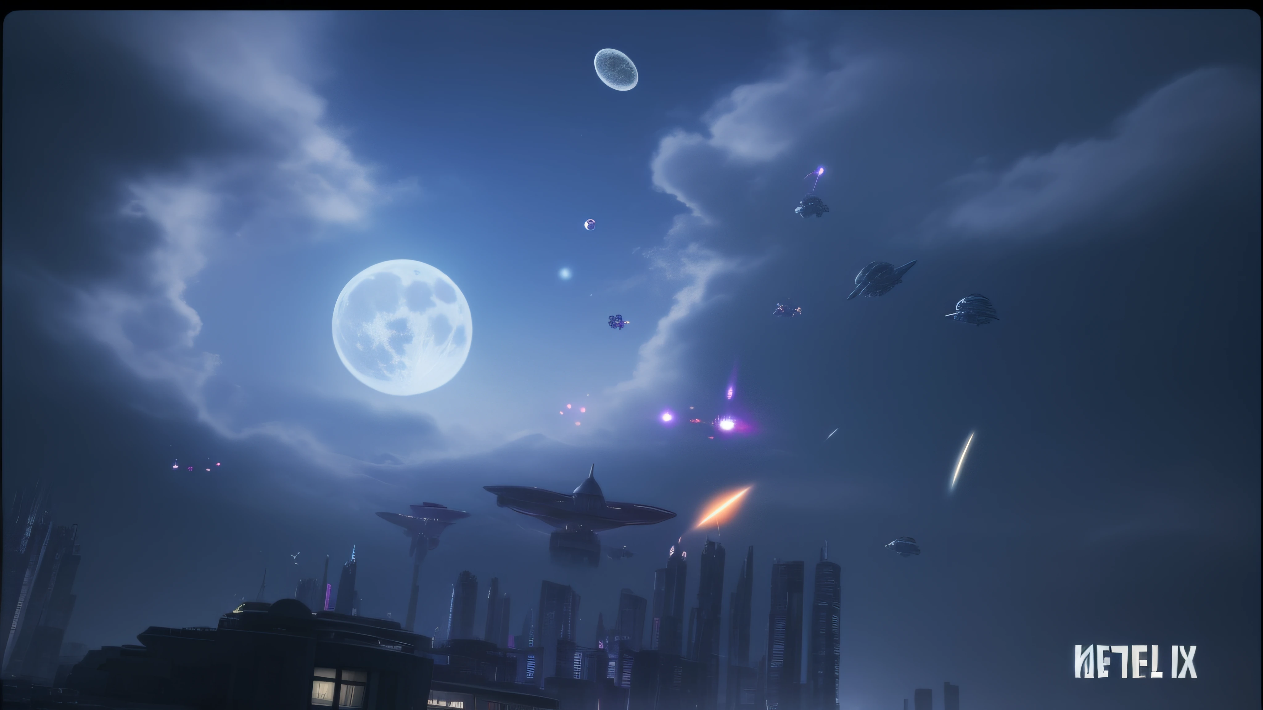 A close-up of a city with lots of buildings and a full moon, spaceships flying in background, flying ships in the background, flying spaceships in background, spaceships flying above, spaceships in the cloudy sky, spaceships flying around, ufo attack, spaceship in the sky, spaceships flying, spaceship in the sky, Aliens invade Earth