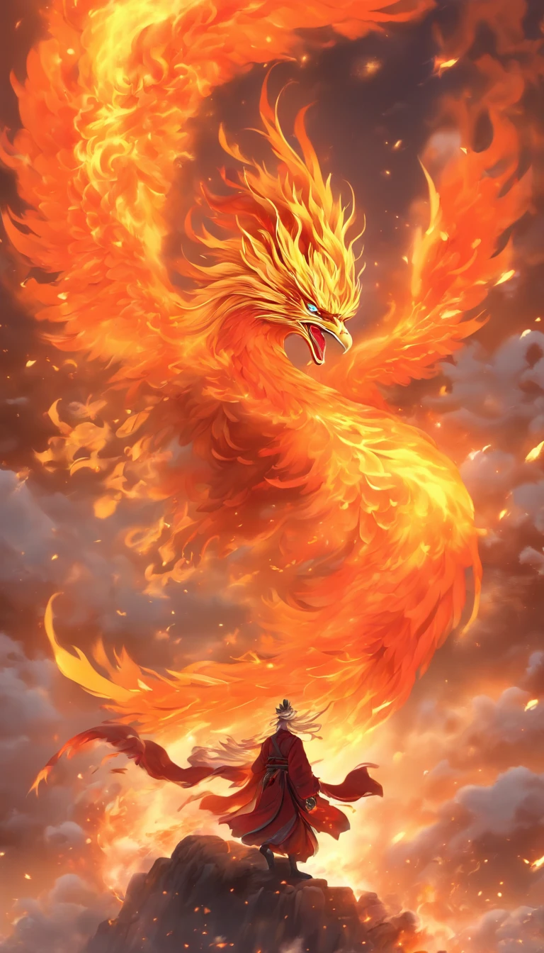 China-style,中景 the scene is,The Taoist priest stood in front of the huge firebird with spread wings,massive wings,Stretch your hands,Long messy hair,Glow effects,Hyper-realistic,Ultra photo realsisim,Chinese ink style,firey,rot,Smudge,Clouds,8K,super-fine,high qulity,(((OC renderer)))