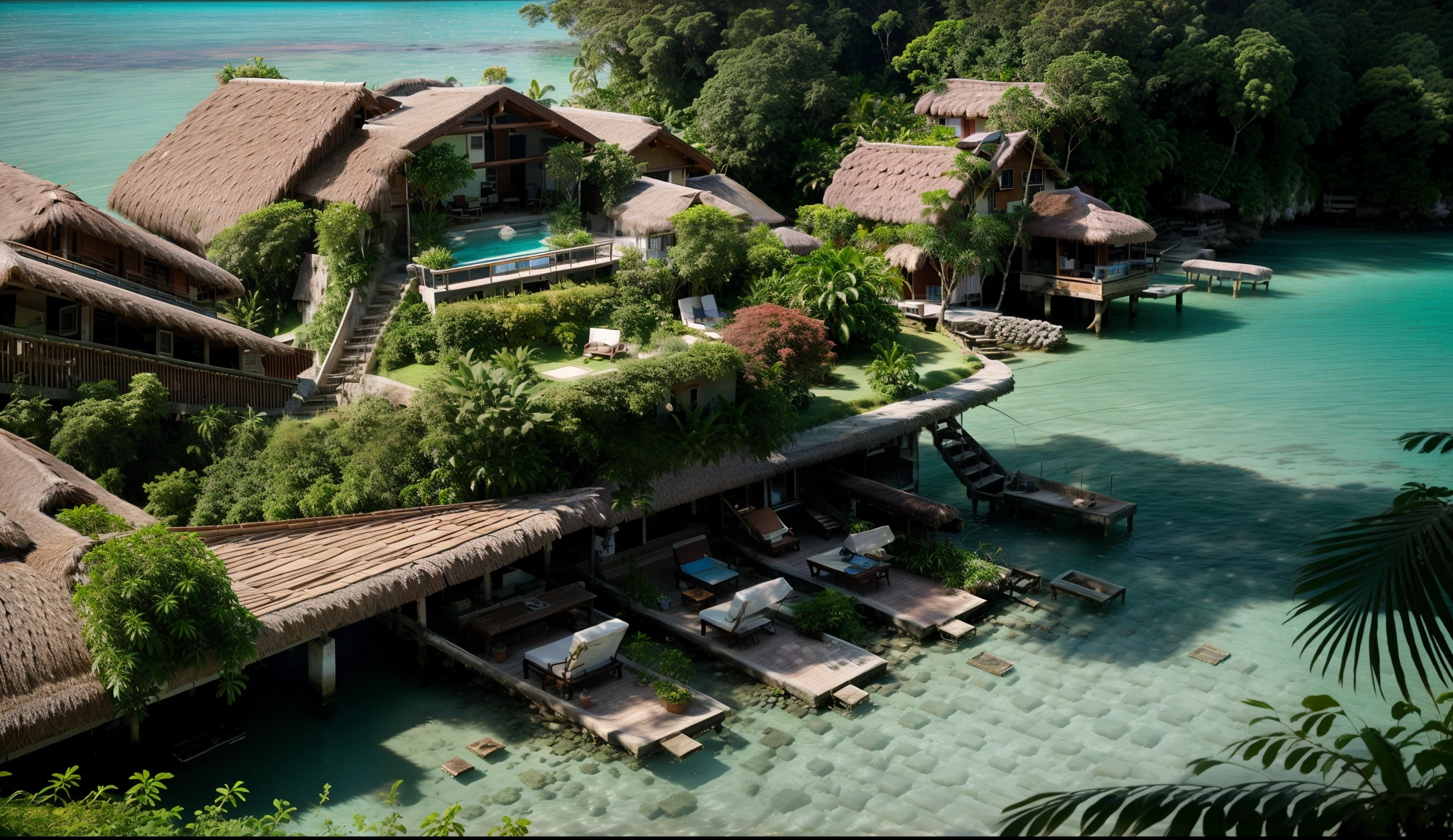 bungalow located on the natural blue sea, a few small houses on the mountain, dense forests,earth wall, coconut leaf roof, thatched roof, brick path, jetty, coconut trees around, lots of trees, road, surreal, 32k, HD, very realistic render, highly detailed render, render corona,high resolution, no noise, peaceful, nature,key visual, surreal, masterpiece
