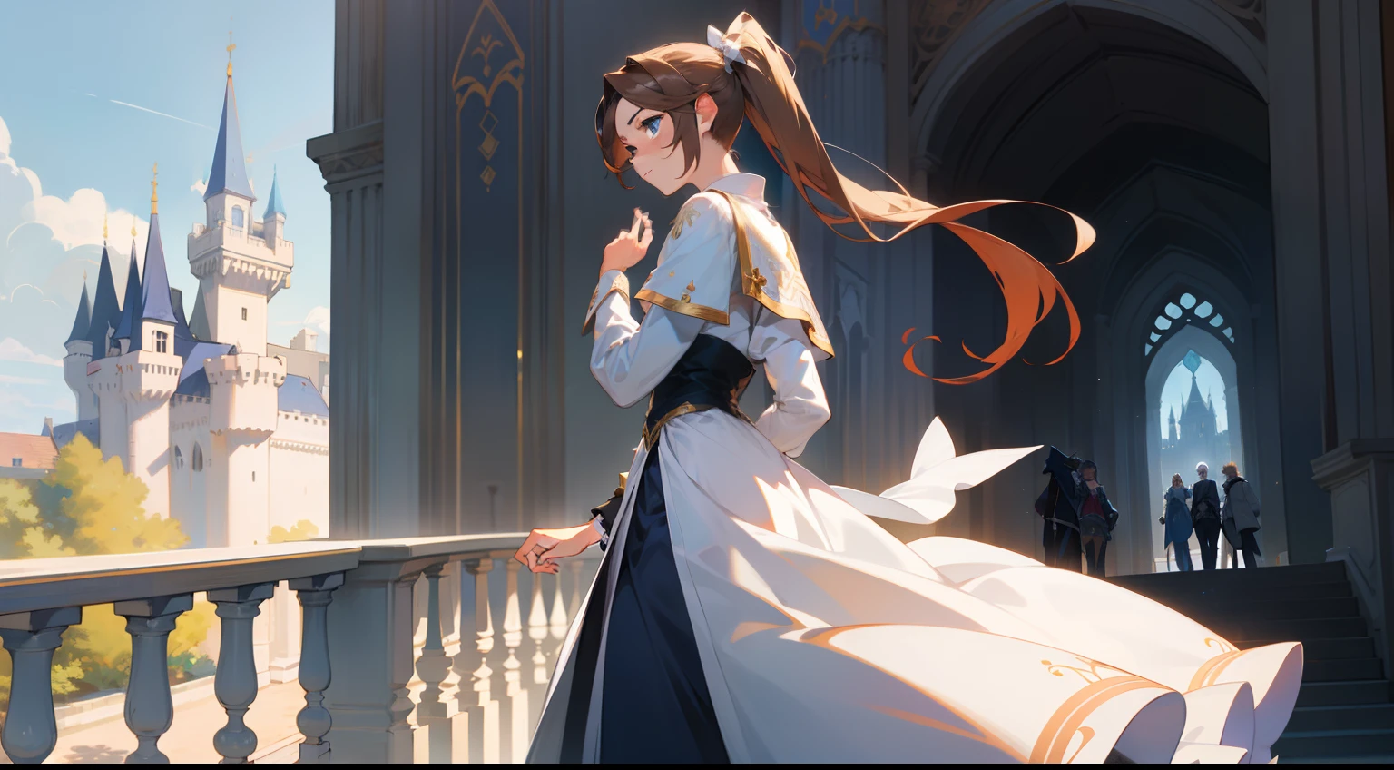 A prince,Handsome and handsome,brunette color hair,eBlue eyes,Manteau blanc,long whitr hair,pony tails,Stand on the balcony of the castle,Western fantasy,Fairytales,Works of masters,A high resolution,Exquisite facial features