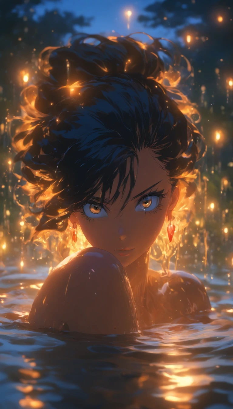 Beautiful woman bathing in the lake,Out of the bath,Eau,drippy,Ripples,Long wet black hair, extremely sexy body, Delicate and plump breasts, Turn your back to me,Beautiful outdoor background, night moon, forest,The hair is meticulously depicted,The eyes are meticulously depicted, highly detailed surreal vfx,oc rendered,Behind the scenes