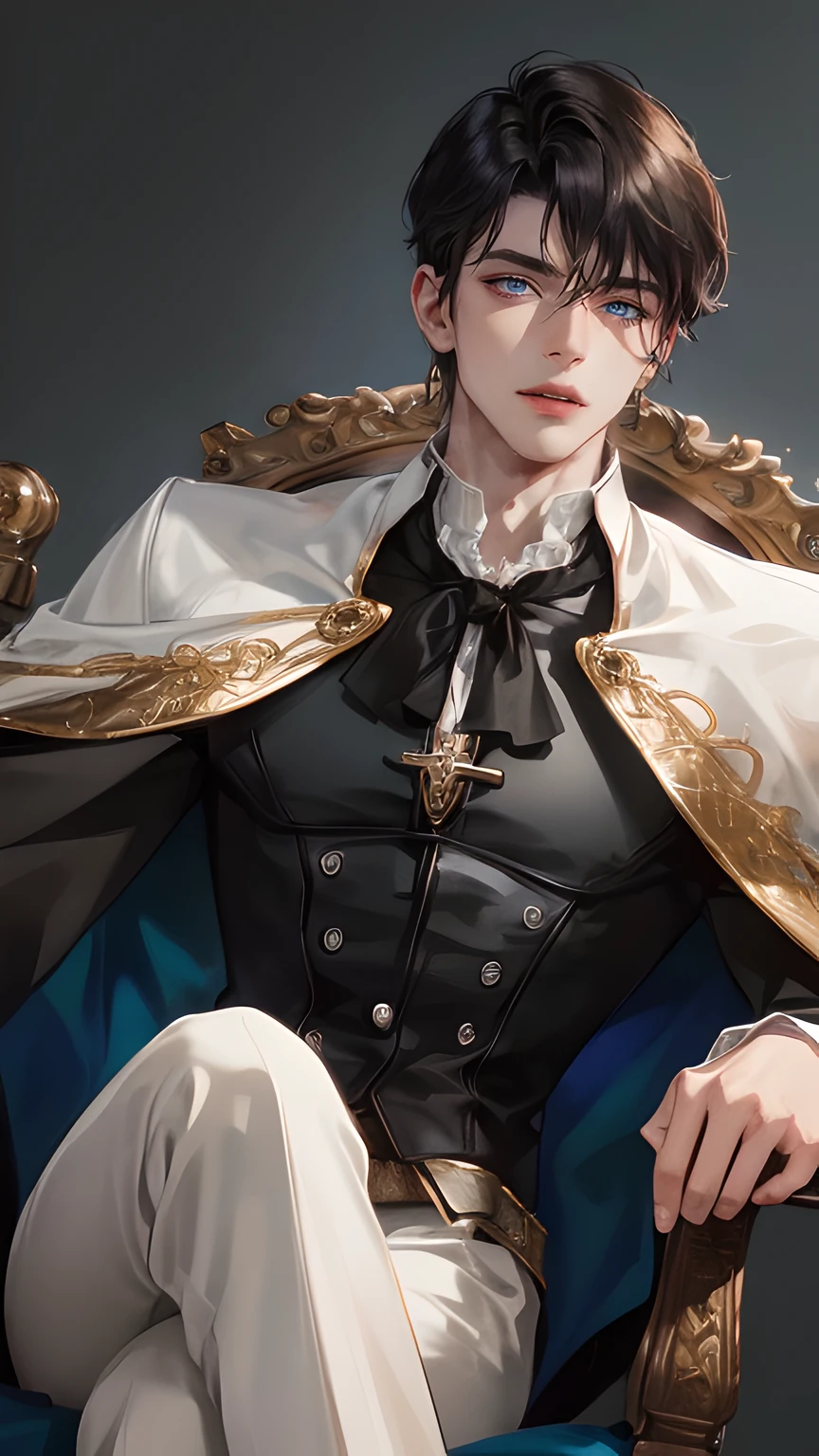 man, vampire, masculine, masculine face, attractive, muscular, ((1man)), masterpiece, absurdres, best quality ,intricate details , pale skintone, victorian era background (detailed background), Sundown, attractive, ((muscular)), adult, one, earrings, fantasy clothes (long sleeves), cloak, Not looking at the viewer, short black Quiff hair with Soft Fringe (bangs part on side 3:7 ratio), perfect detailed face, perfect detailed hands, vampire fangs, blue eyes, medium large shoot, cinematic lighting, detailed light, detailed shadow, dutch angle, cowboy shot, close-up shot, sitting on chair, ((blood))