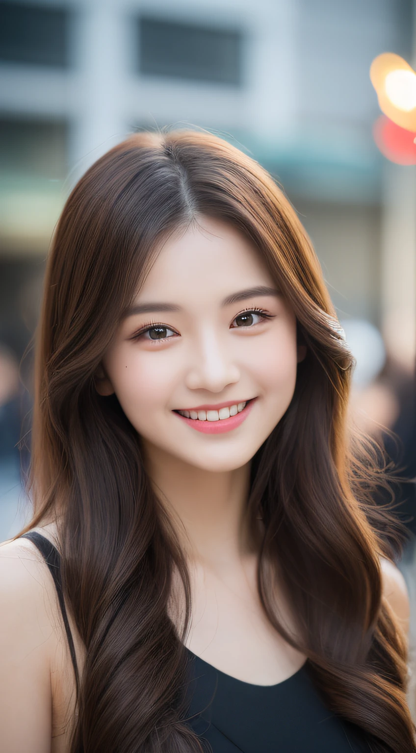 ((Best quality, 8k, Masterpiece :1.3)), 1girl, smiling, full body, thin face, Pretty woman, (Dark brown hair), long dress :1.1, Ultra-detailed face, Detailed eyes, Double eyelid, blurred background, thin face, city, outdoors, street,