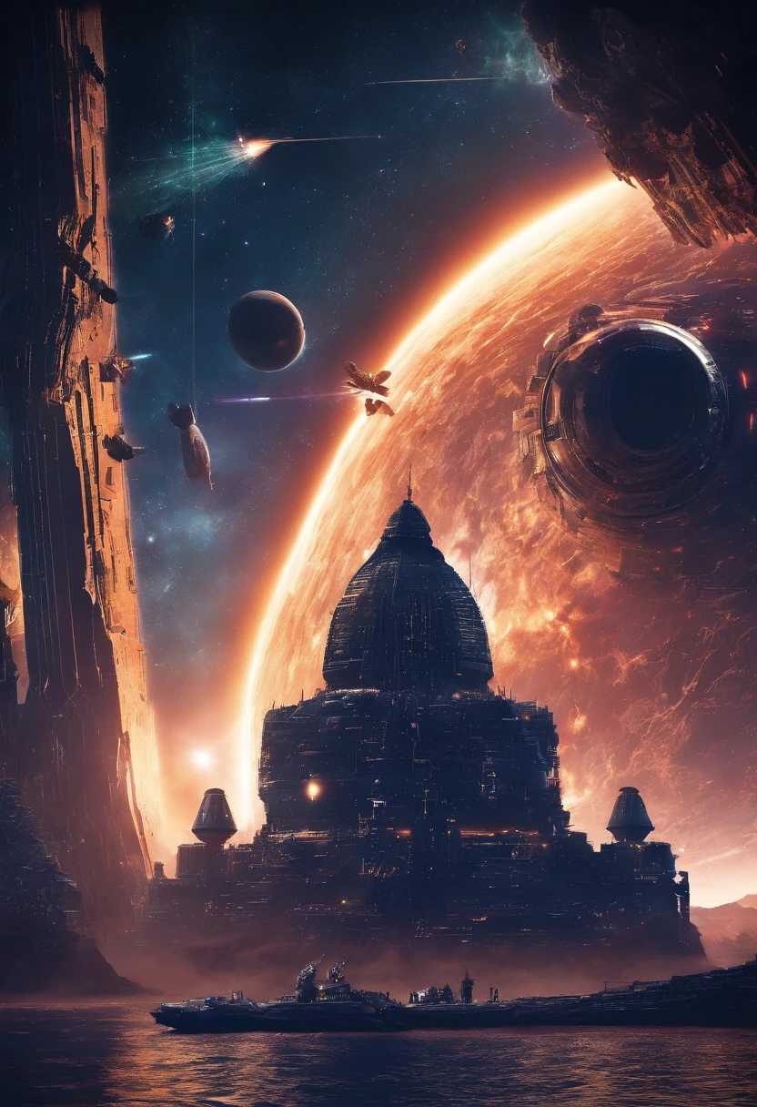 kosmos,An alien warship that emits golden light,super exquisite details,Aurora chase,Extreme light and shadow,dark space background,Futuristic,Science fiction elements,Ultra photo realsisim,Barren planet,(Ultra-wide angle 1.3),star war,Laser weapon,Epic space wars,Cinematic lighting effects,(Movie poster 1.3),(Multi-ship 1.3),(Magnificent Battlefield 1.3)8K,(Ultimate texture1.3)(Super reflex 1.2)Unreal Engine 5