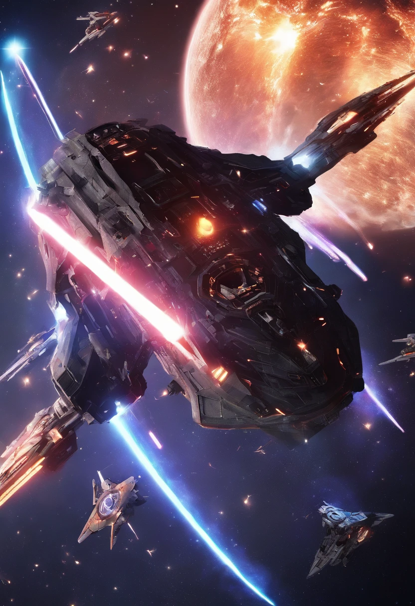 kosmos，An alien warship that emits golden light，super exquisite details，Aurora chase，Extreme light and shadow，dark space background，Futuristic，Science fiction elements，Ultra photo realsisim，Barren planet，（Ultra-wide angle 1.3），star war，Laser weapon，Epic space wars，Cinematic lighting effects，（Movie poster 1.3），（Multi-ship 1.3），（Magnificent Battlefield 1.3）8K，（Ultimate texture1.3）（Super reflex 1.2）Unreal Engine 5