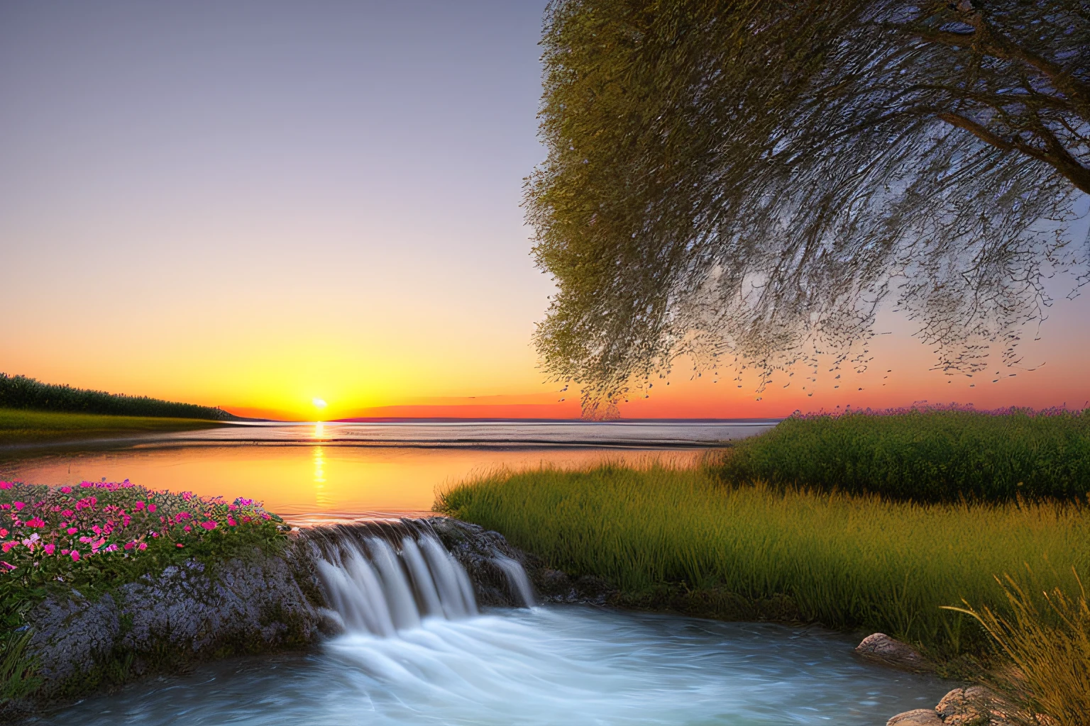 coucher du soleil, Eau, fleur hibiscus, la pus belle oeuve du monde, very realistic, high-definition, ruisseau