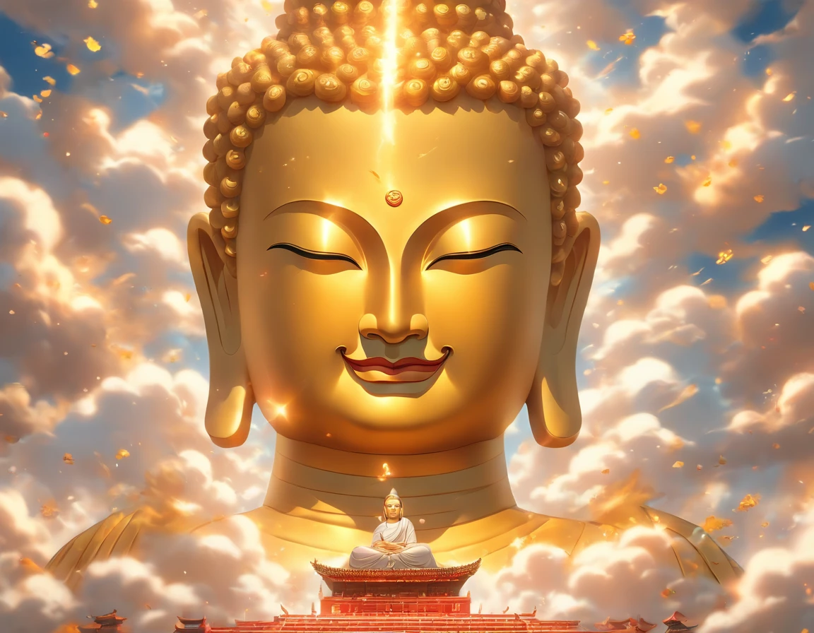 A huge golden Buddha statue rushed into the clouds,Pilgrims on the road,Light smile,China-style,In the distance, surrealism, stereograms, tachi-e, Atmospheric perspective, hyper photorealism, Cinematic lighting, god light, Super detail, ccurate, Best quality, Masterpiece, 16k, High details, A high resolution, Award-Awarded, Super detail, Anatomically correct