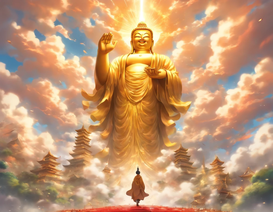 A huge golden Buddha statue rushed into the clouds,Pilgrims on the road,Light smile,China-style,In the distance, surrealism, stereograms, tachi-e, Atmospheric perspective, hyper photorealism, Cinematic lighting, god light, Super detail, ccurate, Best quality, Masterpiece, 16k, High details, A high resolution, Award-Awarded, Super detail, Anatomically correct