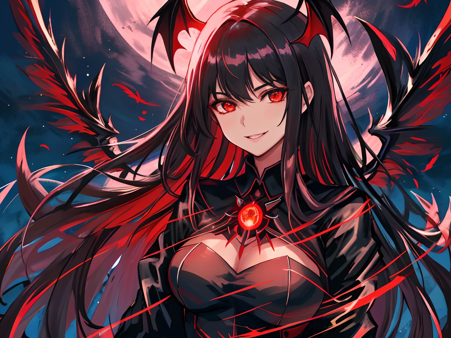 best quality,highres,ultra-detailed,realistic,photorealistic:1.37,detailed eyes,detailed lips,detailed face,demon wings,angelic features,long black hair,captivating gaze,sharp claws,sinister smile,red and black color scheme,glowing red eyes,feathers,rays of black light,powerful aura,ominous atmosphere,eerie lighting,mysterious background,otherworldly beauty