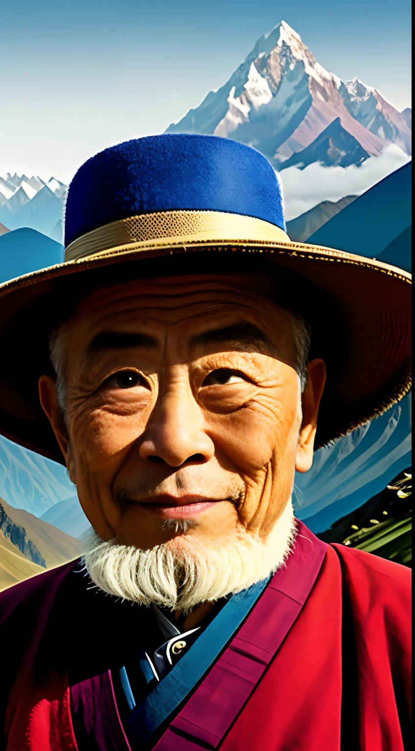 An Alfid man with a beard and hat stands in front of the mountain, An old man, Asian face, omar shanti himalaya tibet, Asian people, Wise old man, Inspired by Hu Zaobin, Highly detailed VFX portrait, 8K highly detailed face,